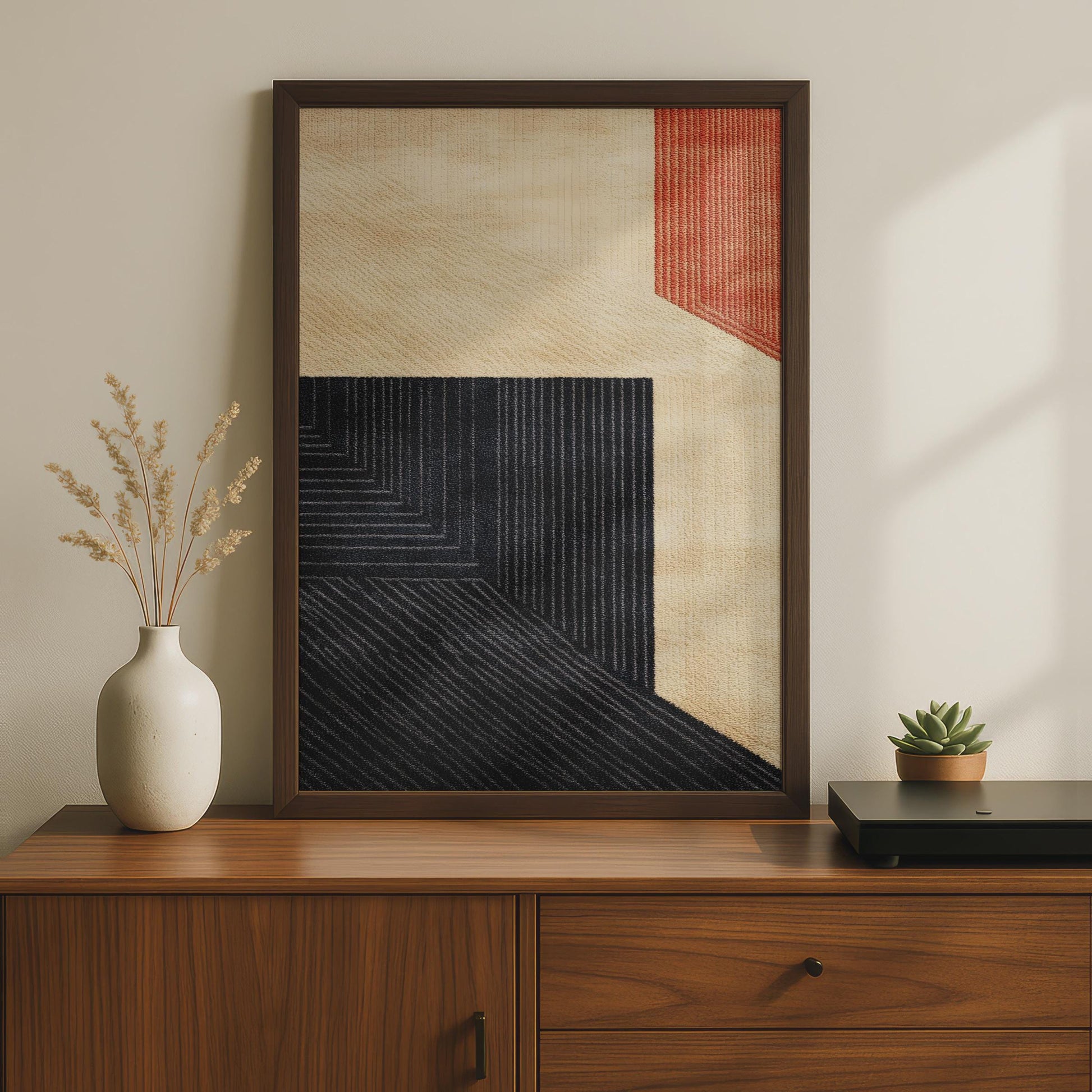 Boho Geometric Abstract Art Print, Cream Black Terracotta Wall Art, Modern Bauhaus Poster wall art print