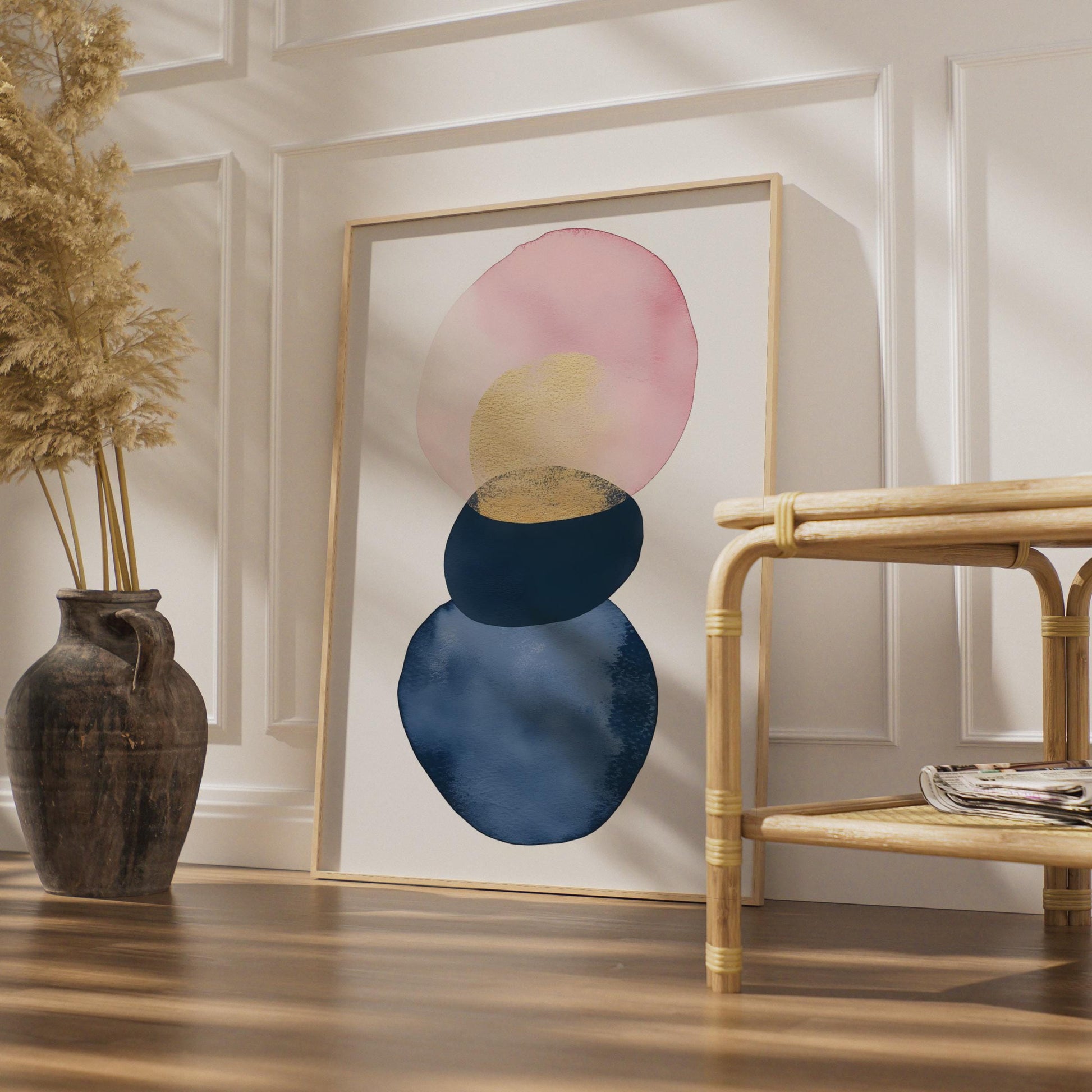 Boho Abstract Wall Art, Watercolour Circles in Pink, Gold, and Blue, Minimalist Decor Print wall art print