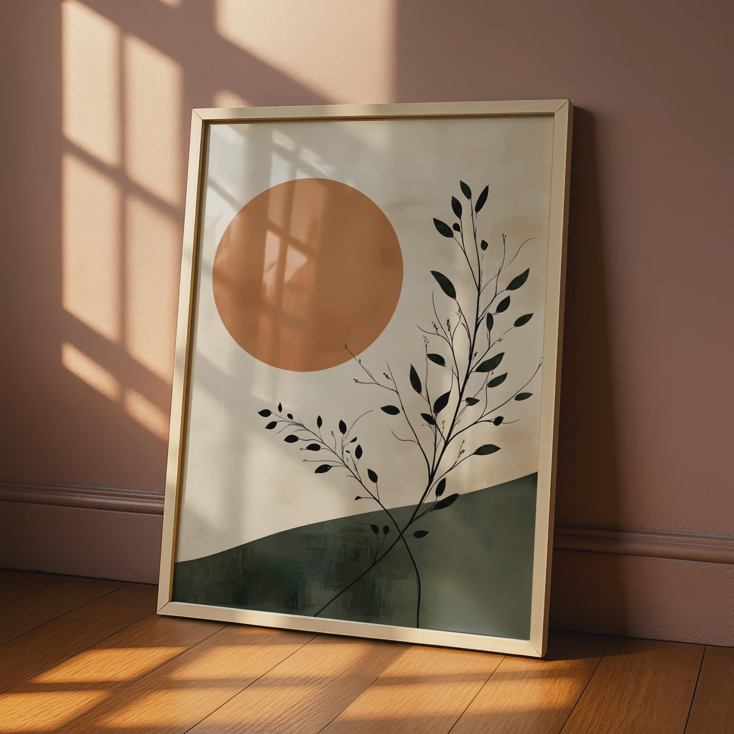 Boho Sun and Black Leaves Art Print, Warm Toned Nature Wall Decor wall art print