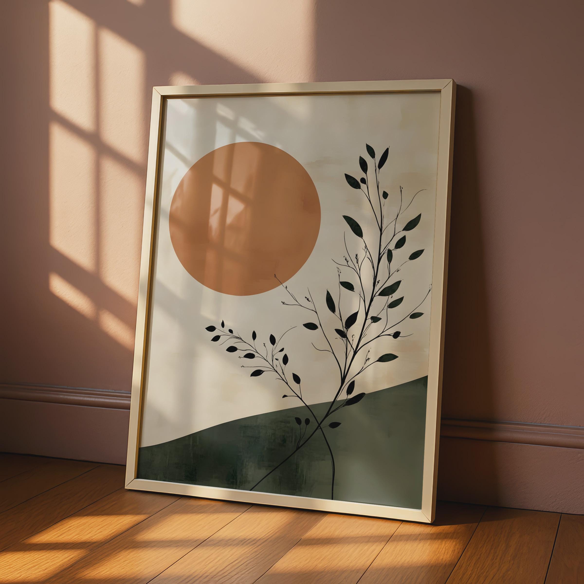 Boho Sun and Black Leaves Art Print, Warm Toned Nature Wall Decor wall art print