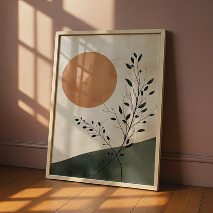 Boho Sun and Black Leaves Art Print, Warm Toned Nature Wall Decor wall art print