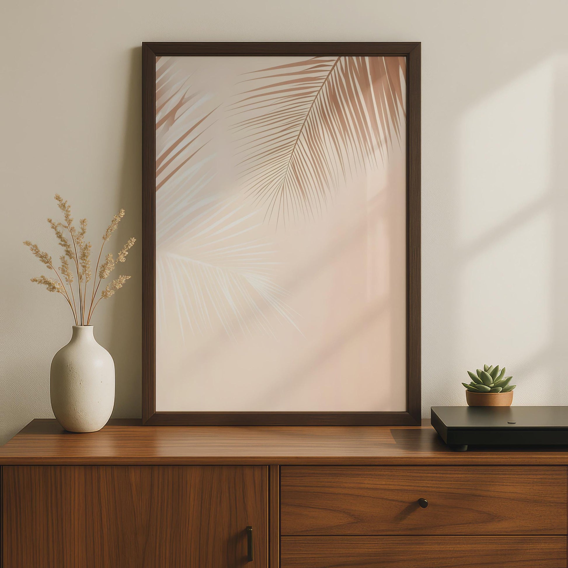 Boho Palm Leaves Wall Art, Minimalist Tropical Print, Soft Beige Decor for Living Room wall art print