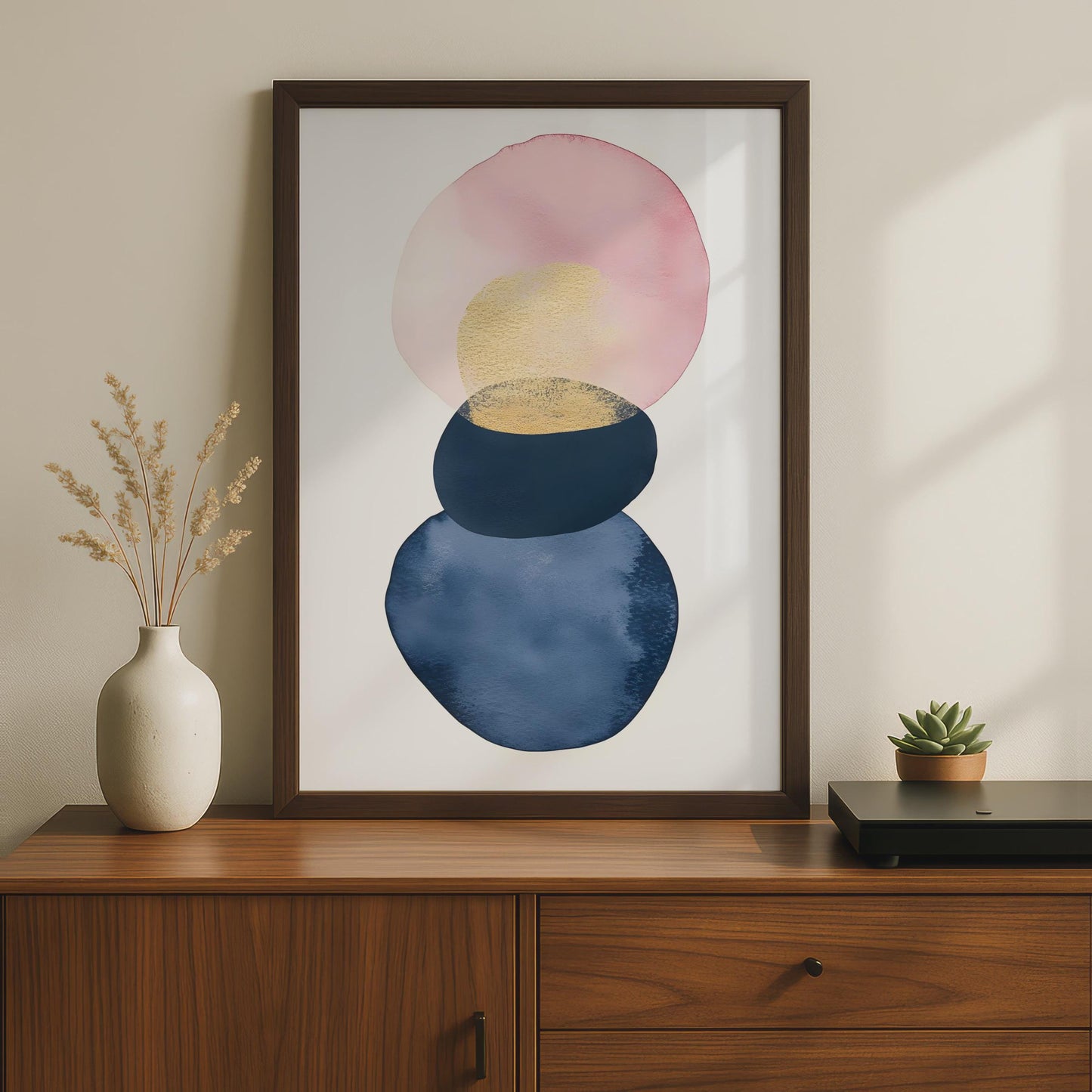 Boho Abstract Wall Art, Watercolour Circles in Pink, Gold, and Blue, Minimalist Decor Print wall art print
