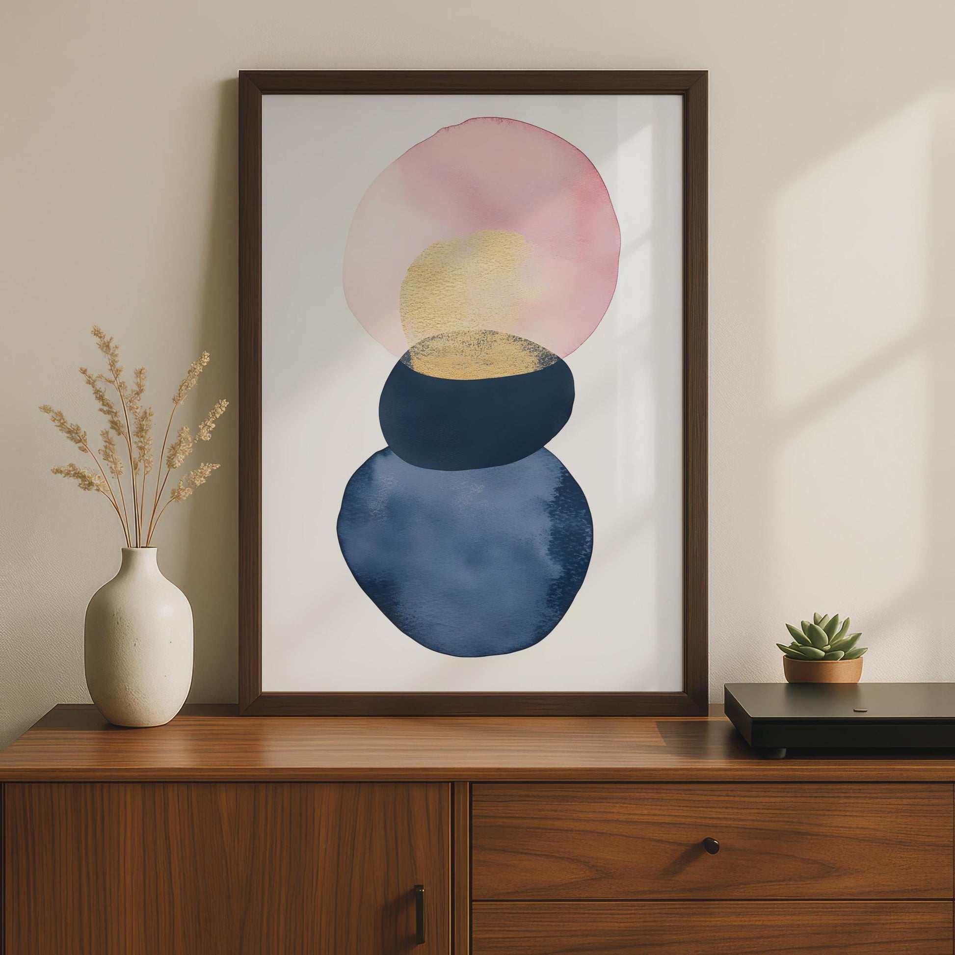Boho Abstract Wall Art, Watercolour Circles in Pink, Gold, and Blue, Minimalist Decor Print wall art print
