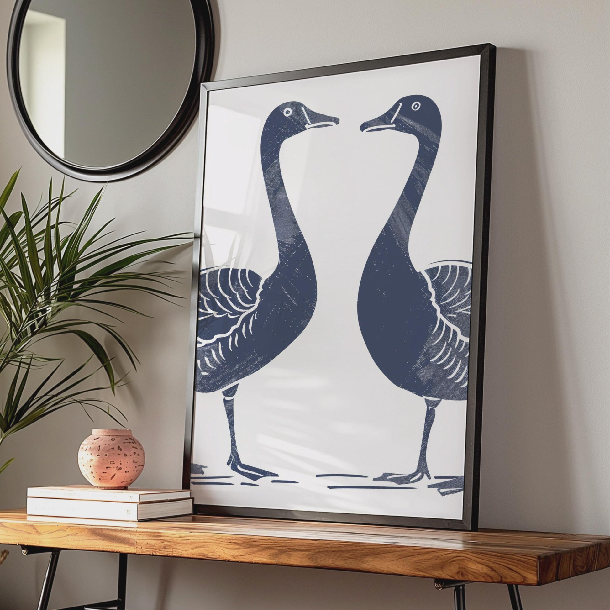 Goose Pair Poster, Navy Blue Bird Print, Minimalist Animal Wall Art, Linocut Style Geese wall art print