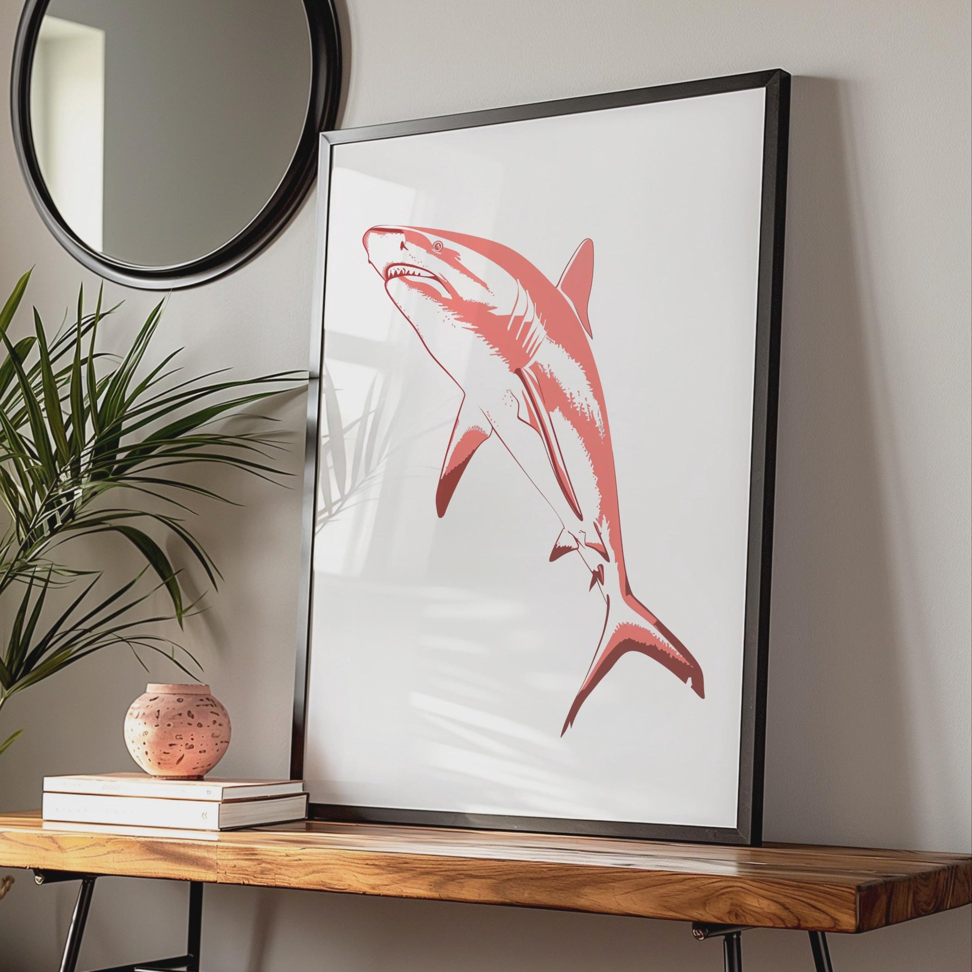 Red White Shark Print, Bold Marine Animal Wall Art wall art print