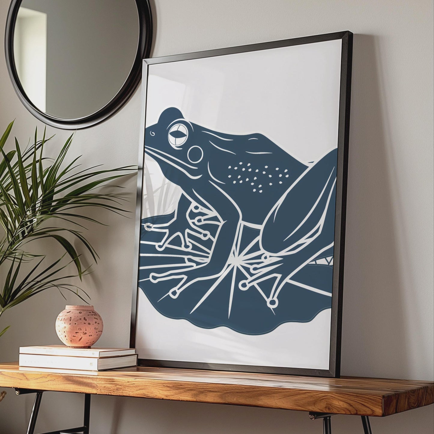 Frog on Lily Pad Poster, Navy Blue Minimalist Animal Print, Frog Wall Art Decor wall art print