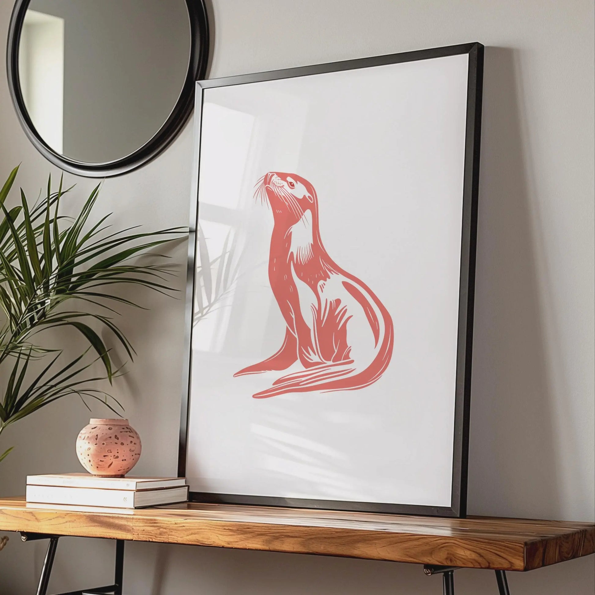 Otter Animal Poster, Coral Red Wildlife Print, Minimalist Otter Wall Art, Nature Decor wall art print