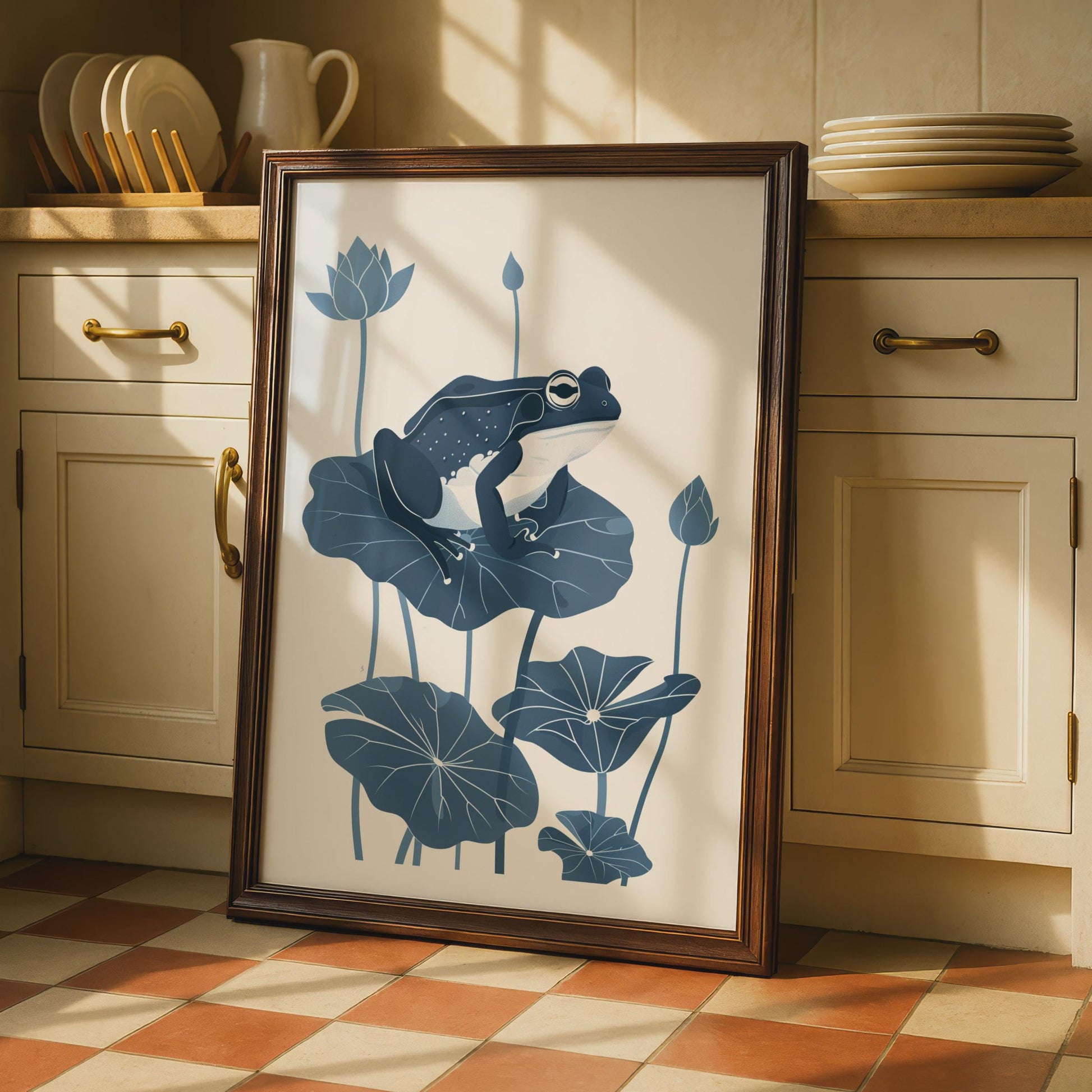 Frog on Lily Pad Poster, Navy Blue Botanical Animal Print, Minimalist Frog Wall Art wall art print