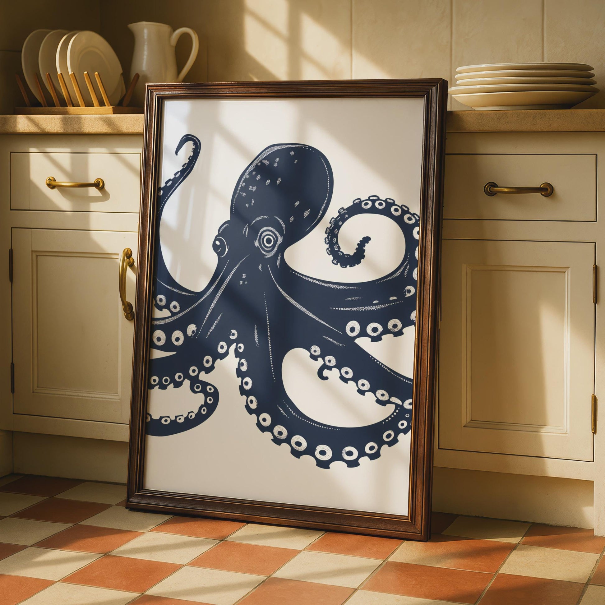 Octopus Poster, Navy Blue Nautical Wall Art, Sea Creature Print, Ocean Animal Decor wall art print