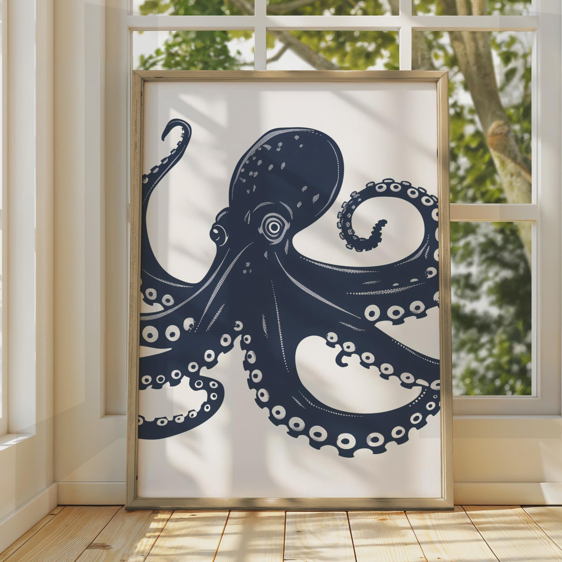 Octopus Poster, Navy Blue Nautical Wall Art, Sea Creature Print, Ocean Animal Decor wall art print