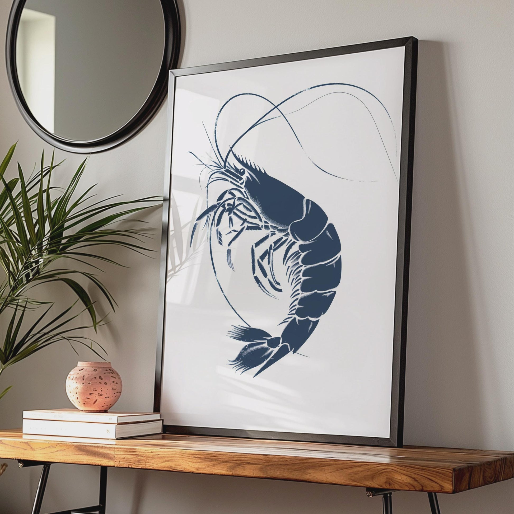 Navy Blue Prawn Art Print, Minimalist Coastal Sea Life Poster wall art print