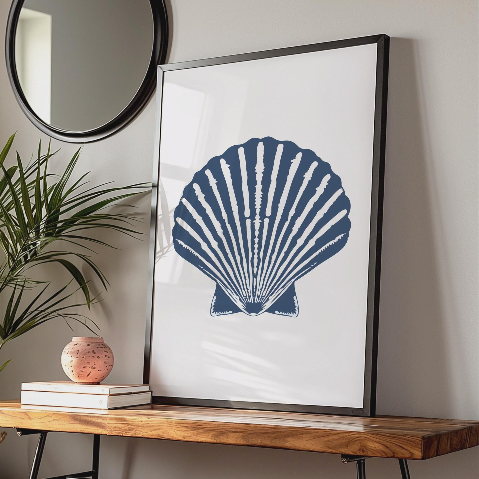Scallop Shell Poster, Navy Blue Nautical Wall Art, Coastal Animal Print, Beach House Decor wall art print