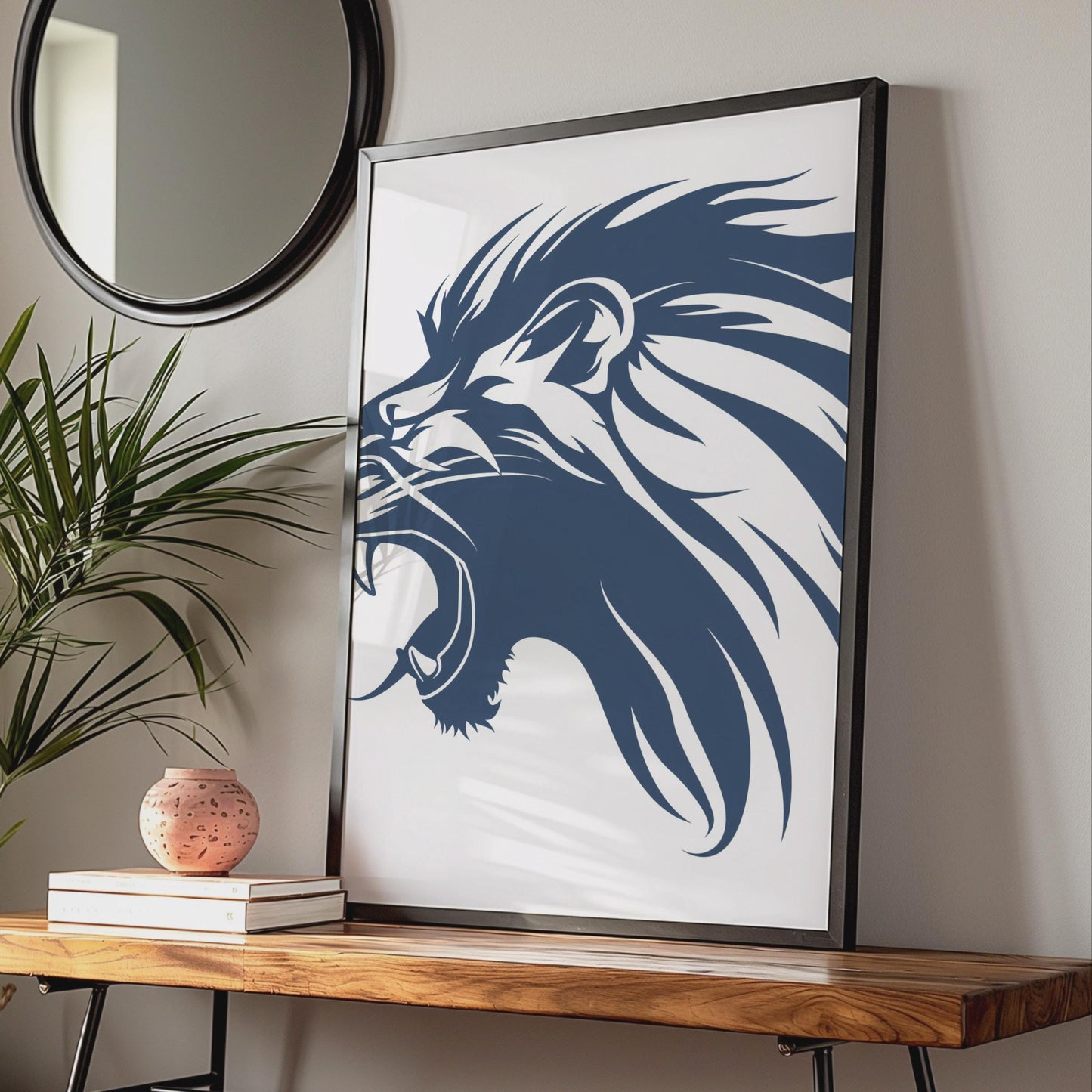 Roaring Lion Head Print, Navy Blue Animal Wall Art, Minimalist Decor wall art print