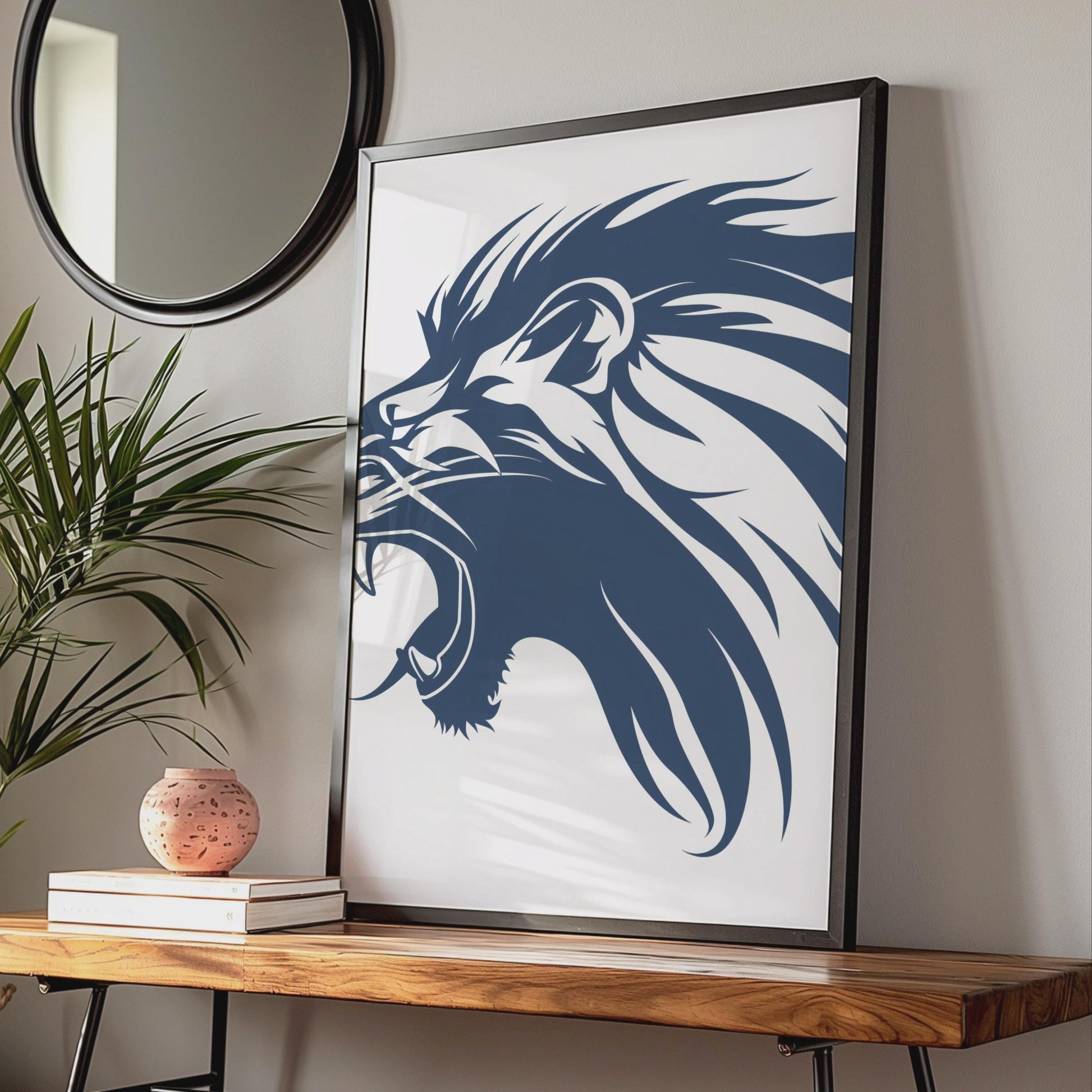 Roaring Lion Head Print, Navy Blue Animal Wall Art, Minimalist Decor wall art print