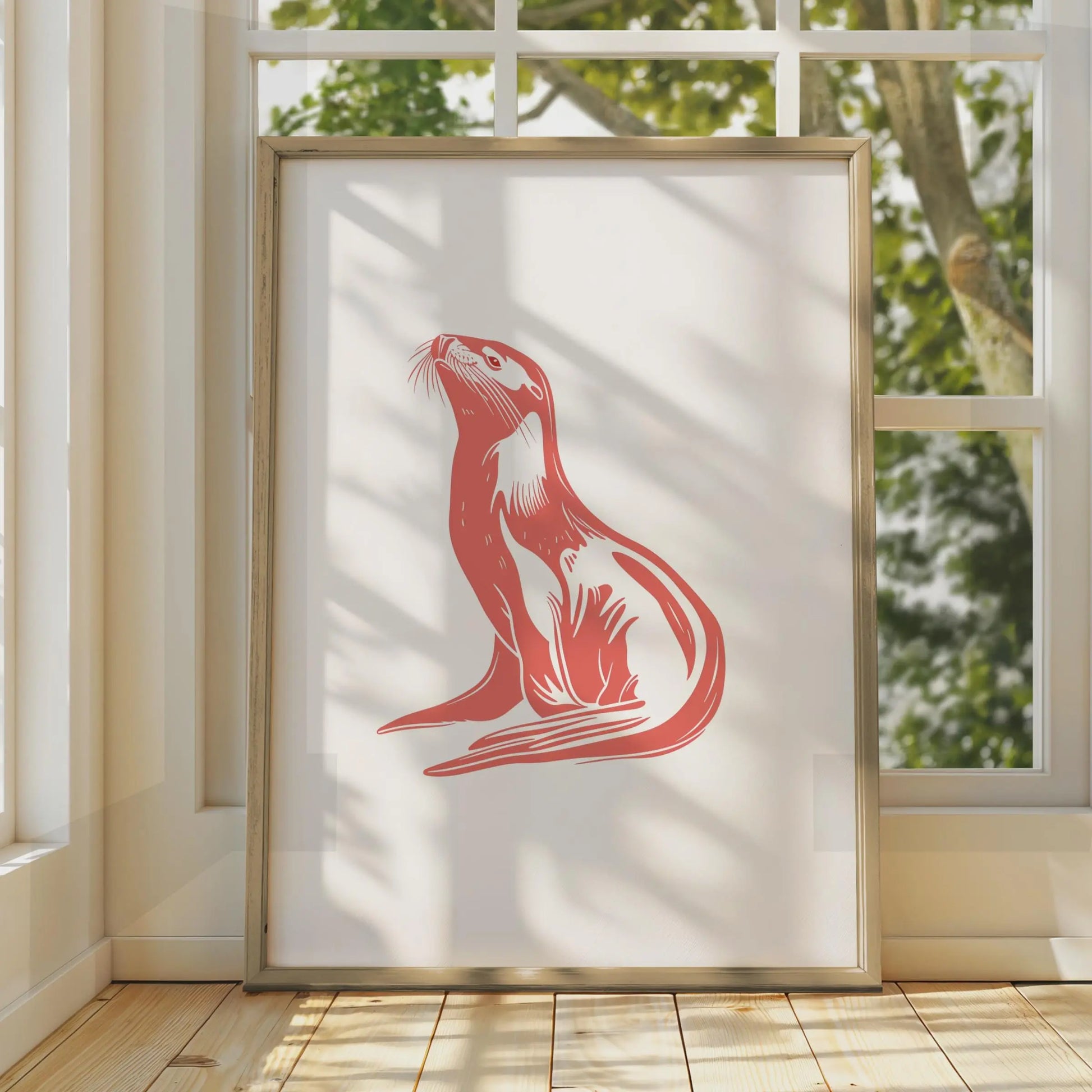 Otter Animal Poster, Coral Red Wildlife Print, Minimalist Otter Wall Art, Nature Decor wall art print