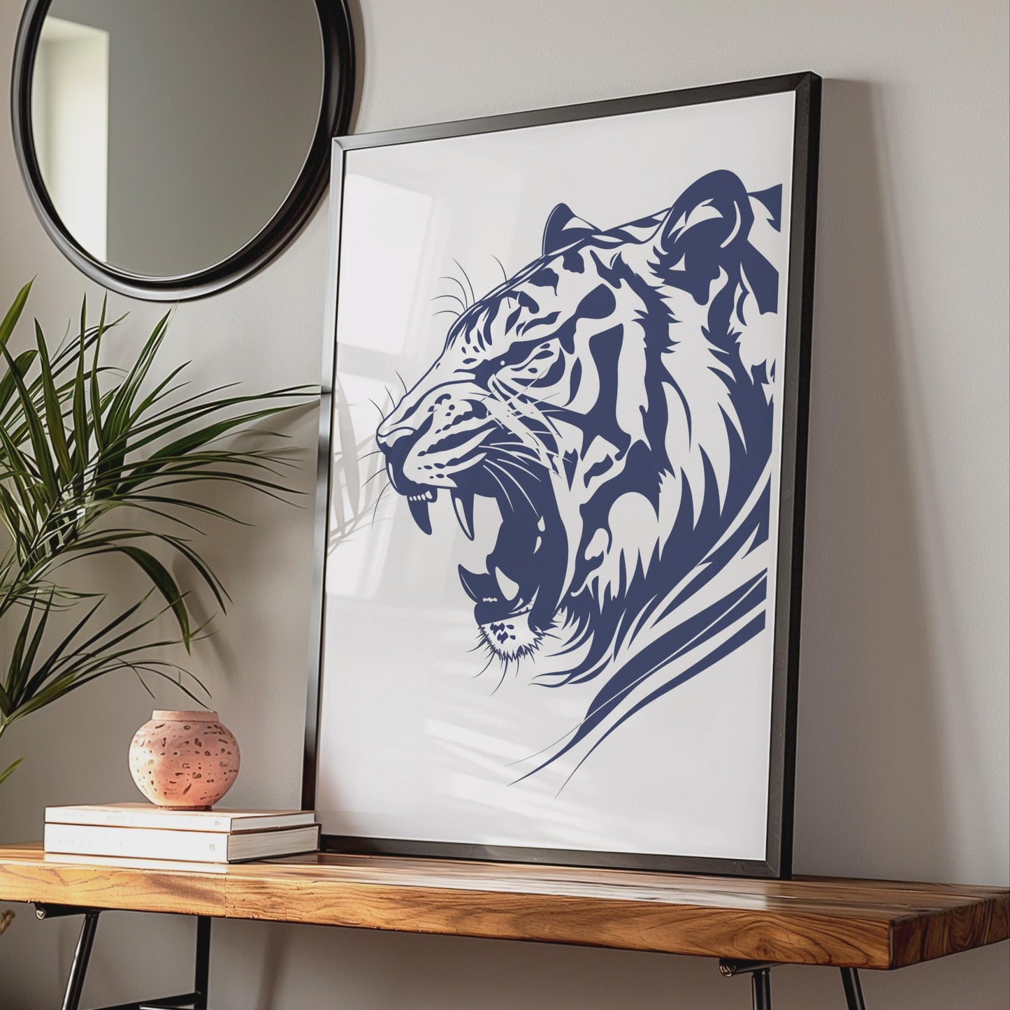 Roaring Tiger Poster, Navy Blue Animal Print, Bold Wildlife Wall Art, Big Cat Decor wall art print