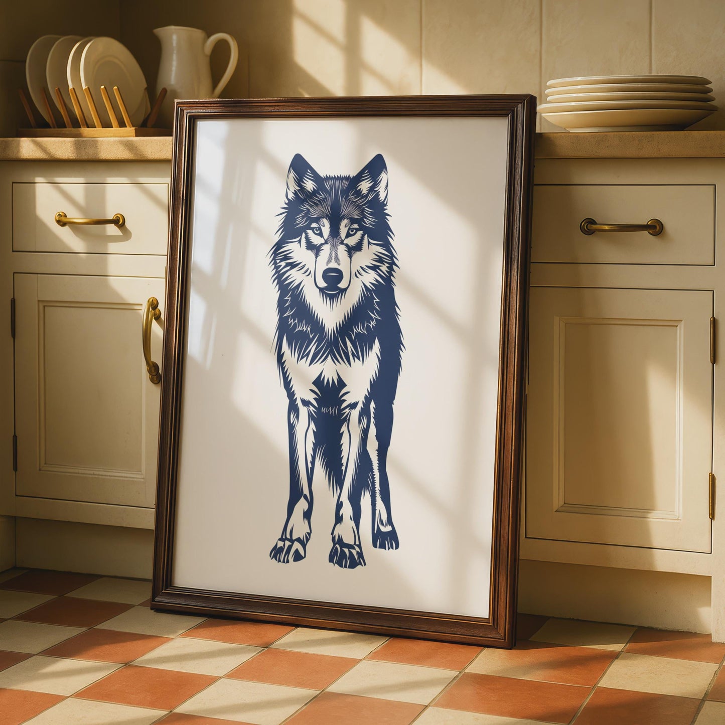 Navy Blue Wolf Print, Minimalist Wildlife Animal Wall Art wall art print
