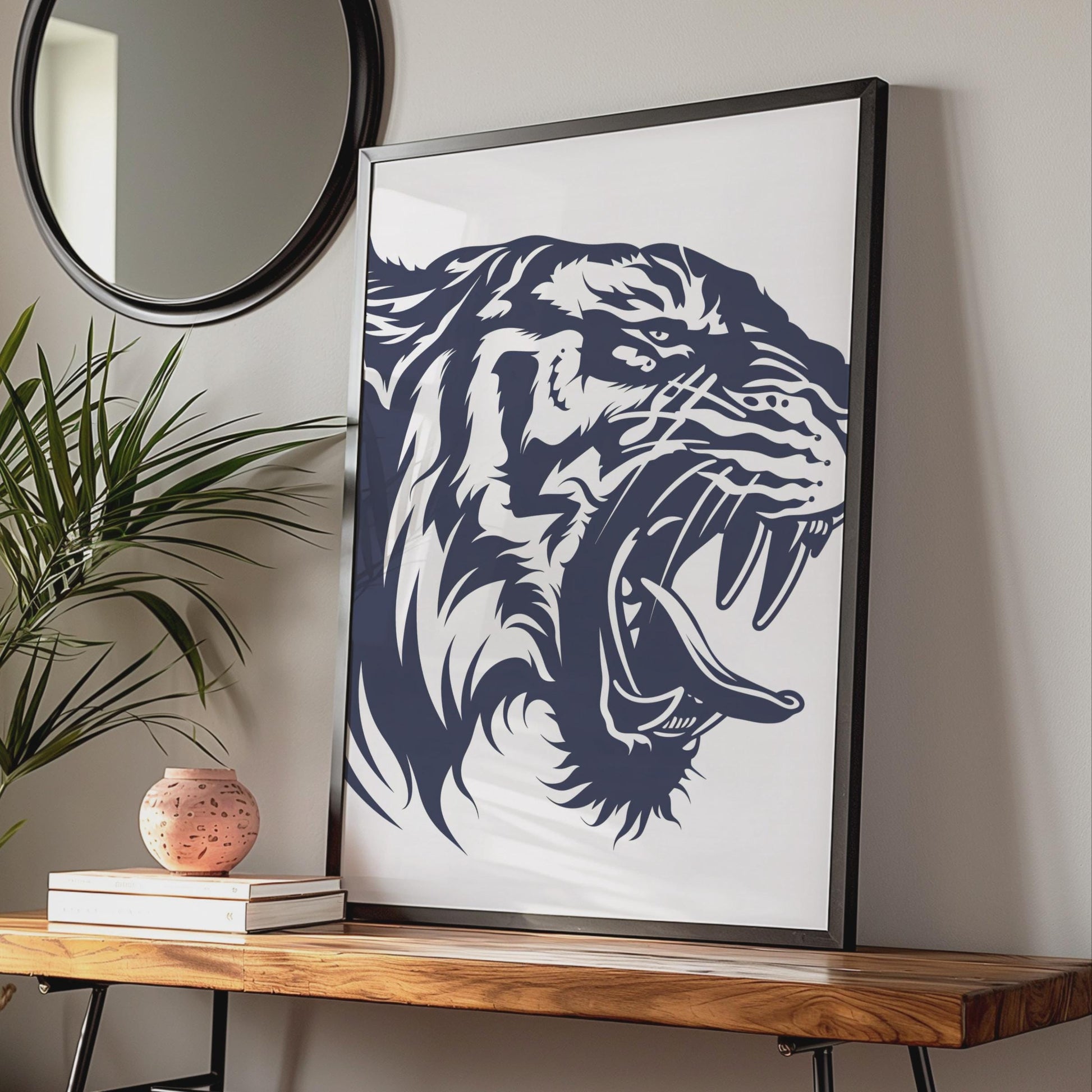 Roaring Tiger Head Poster, Navy Blue Animal Print, Bold Wild Cat Wall Art Decor wall art print