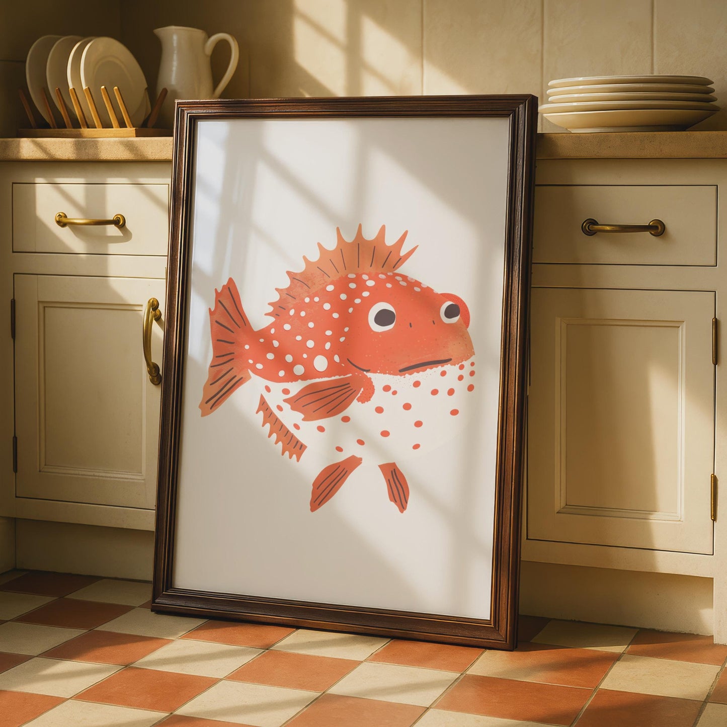 Spiky Orange Fish Print, Quirky Sea Creature Wall Art, Kids Room Decor wall art print