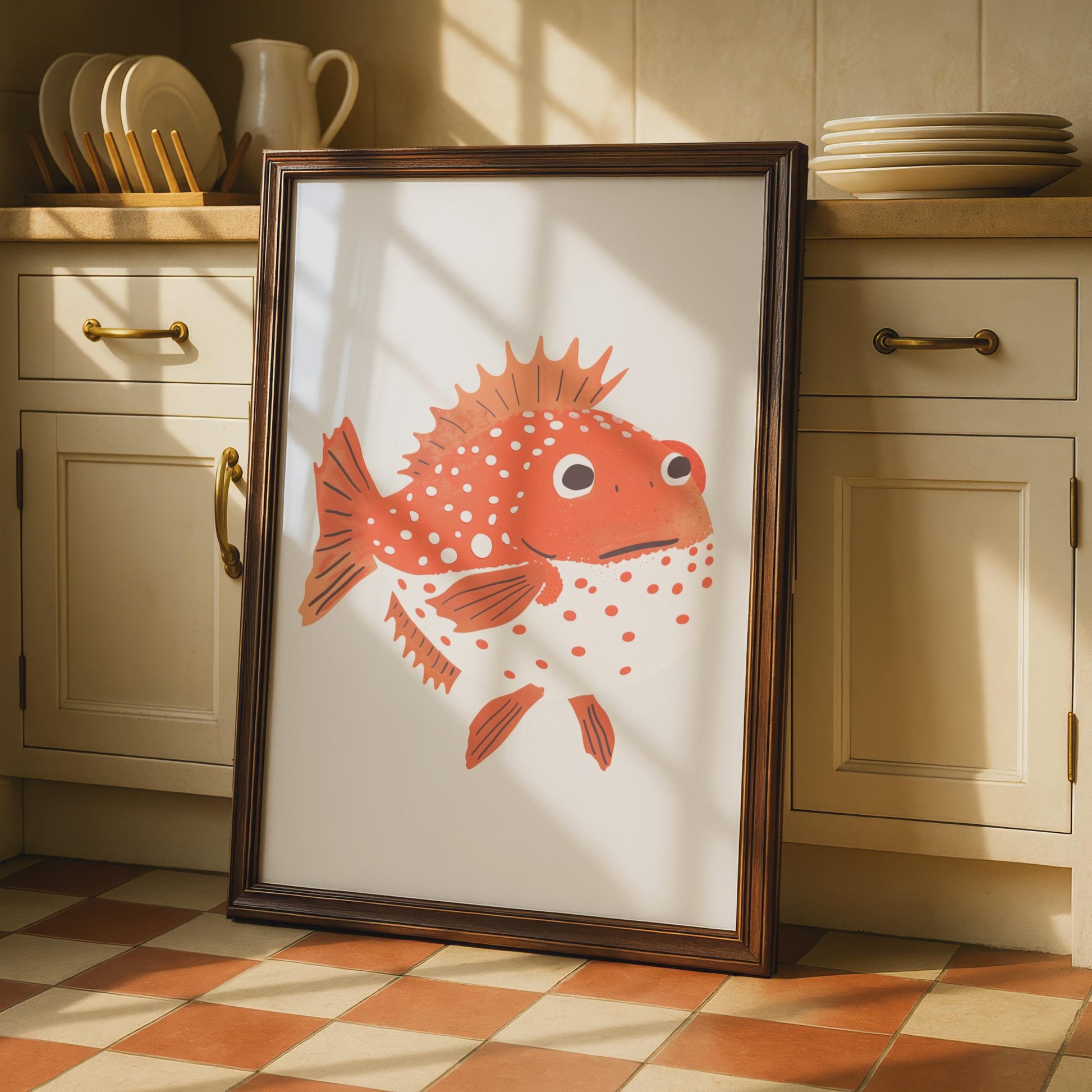 Spiky Orange Fish Print, Quirky Sea Creature Wall Art, Kids Room Decor wall art print