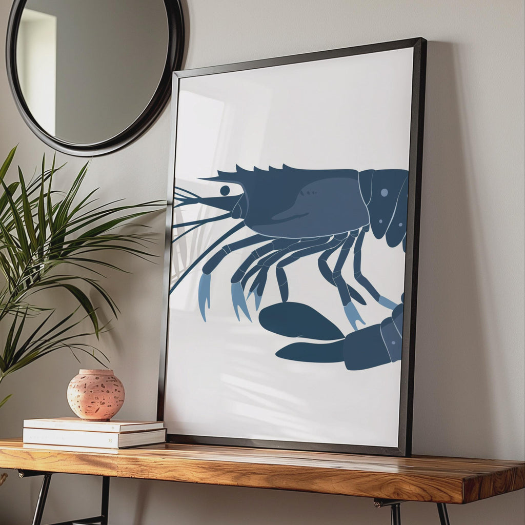 Shrimp Poster, Navy Blue Prawn Wall Art Print, Minimalist Ocean Animal Art, Coastal Decor wall art print