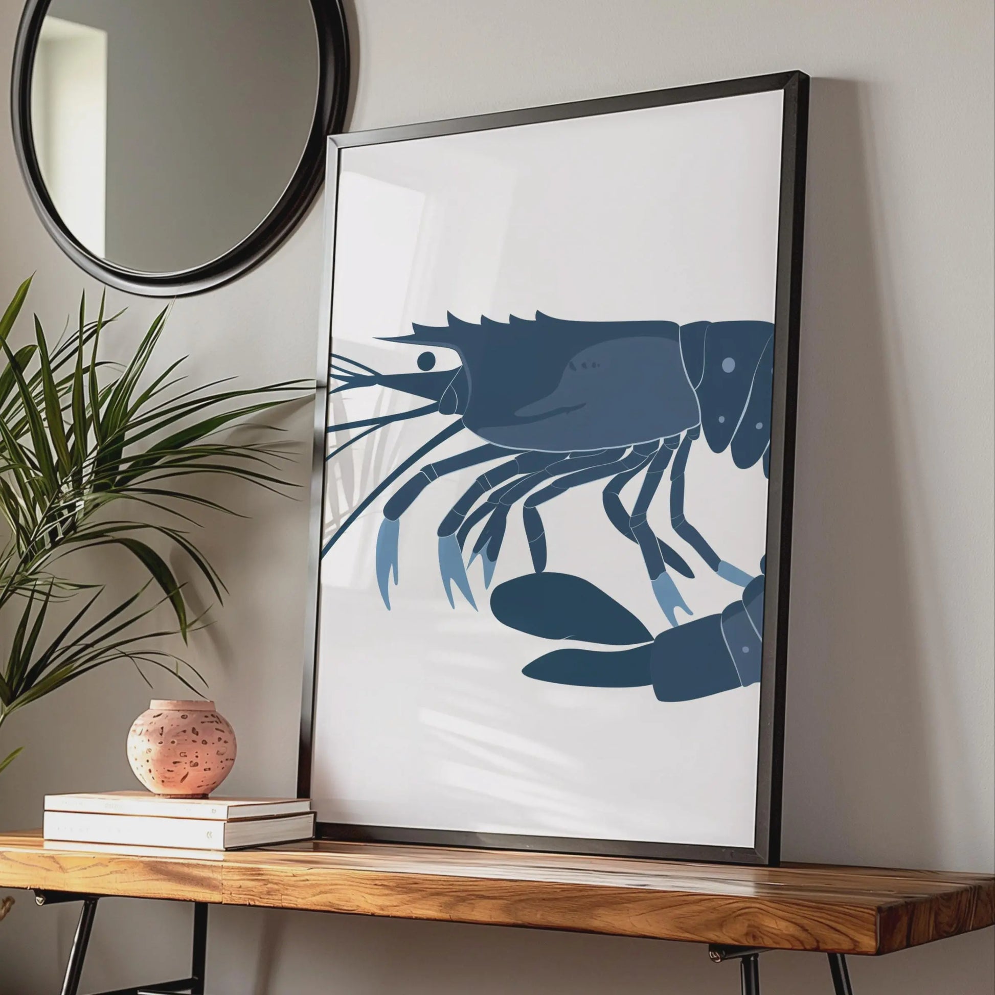 Shrimp Poster, Navy Blue Prawn Wall Art Print, Minimalist Ocean Animal Art, Coastal Decor wall art print