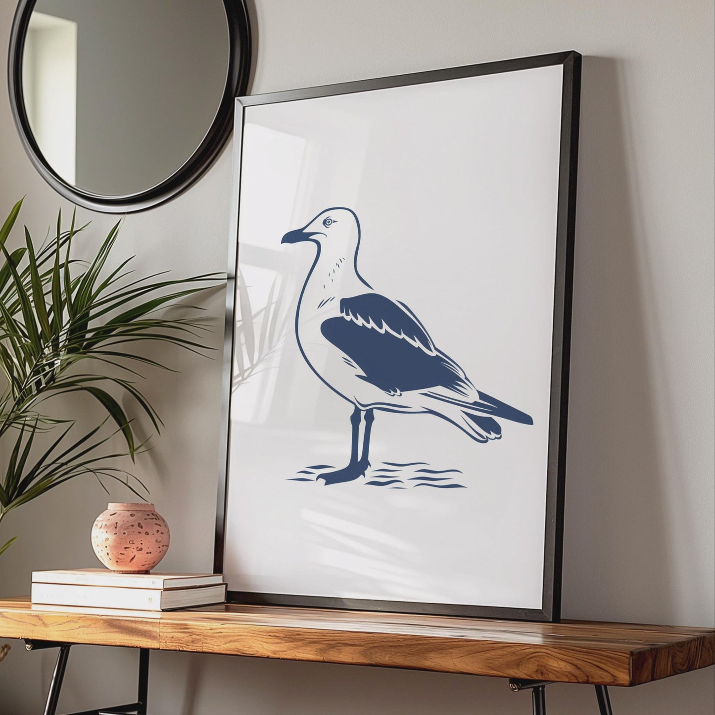 Seagull Poster, Navy Blue Bird Print, Coastal Wall Art, Minimalist Seabird Decor wall art print