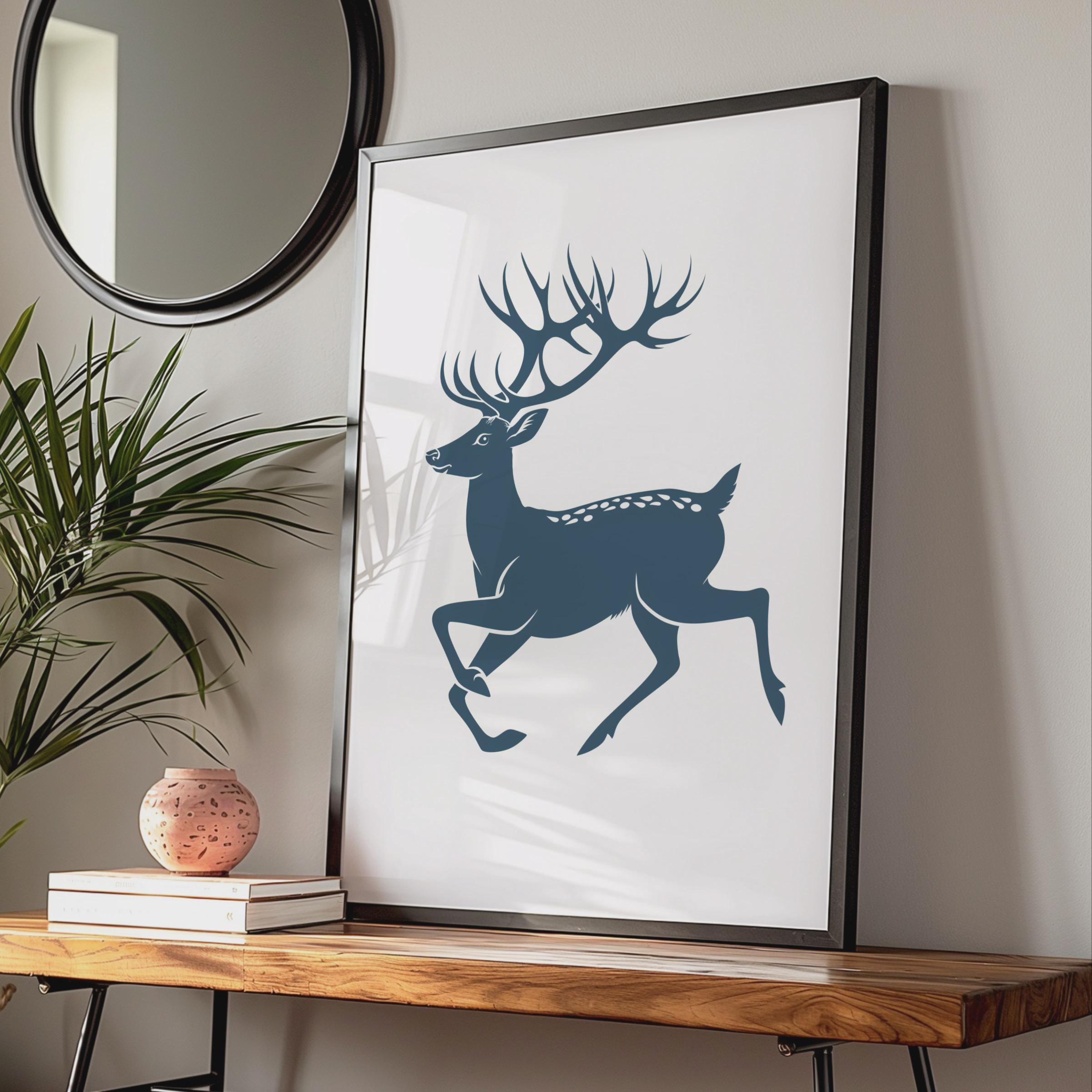 Running Stag Poster, Navy Blue Deer Print, Minimalist Animal Wall Art, Antler Decor wall art print