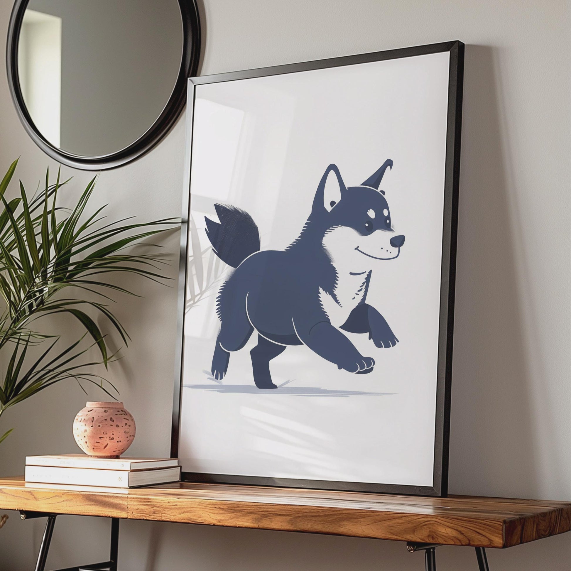 Shiba Inu Running Illustration, Navy Blue Dog Art Print, Minimalist Animal Decor wall art print