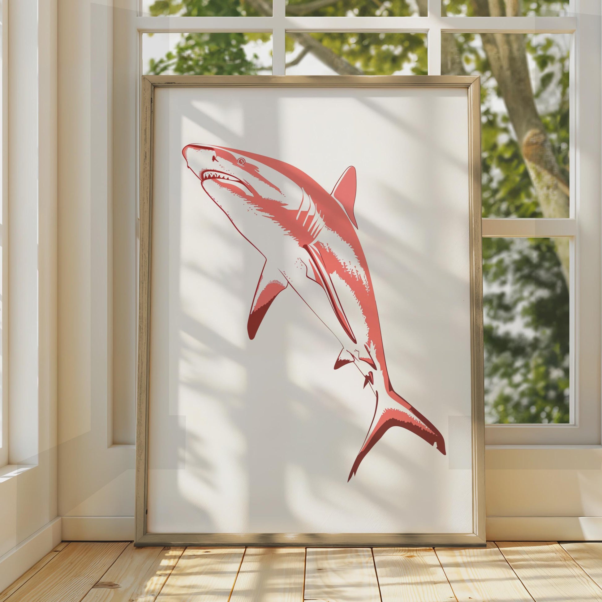 Red White Shark Print, Bold Marine Animal Wall Art wall art print