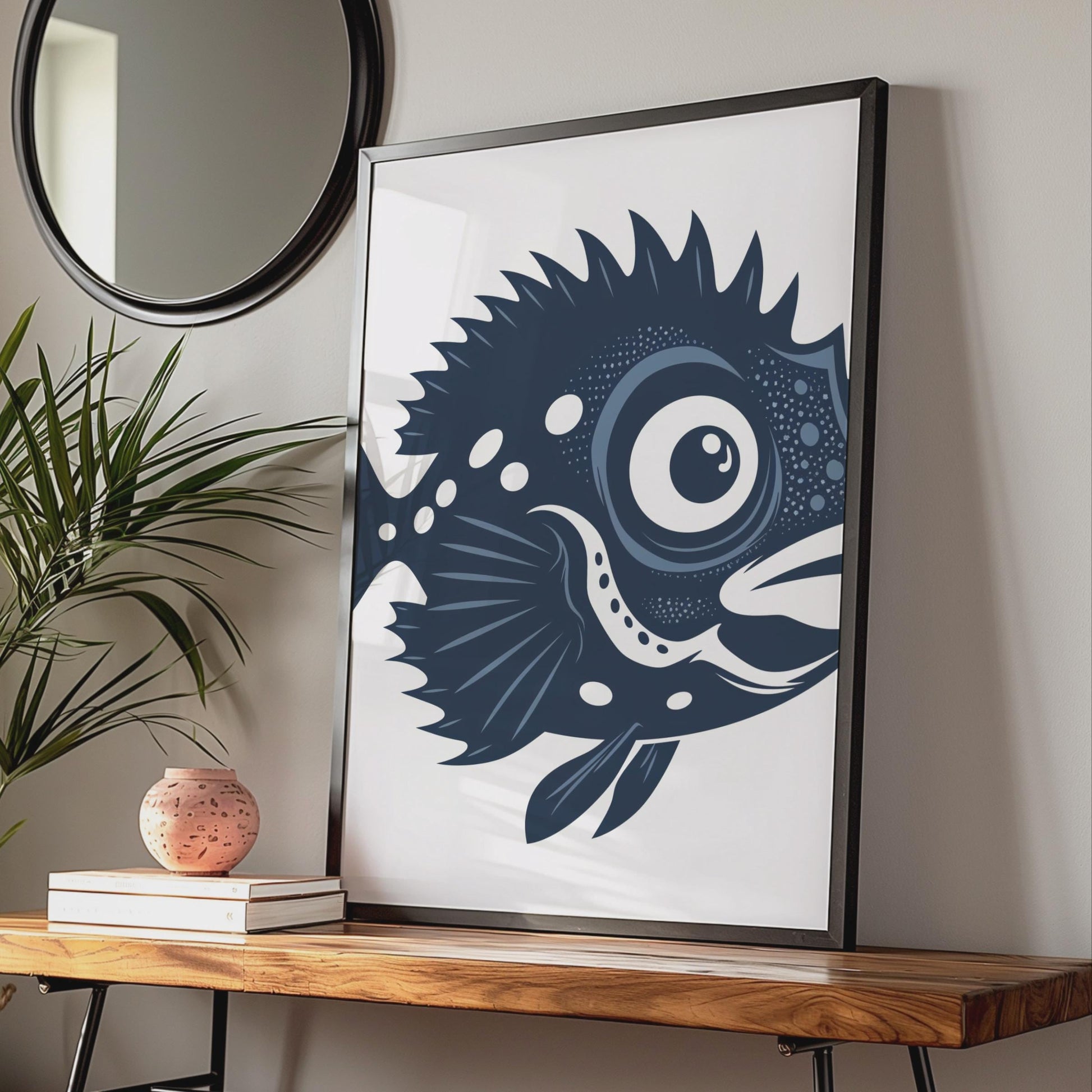 Fish Animal Poster, Navy Blue Fish Print, Ocean Wall Art, Sea Creature Decor wall art print