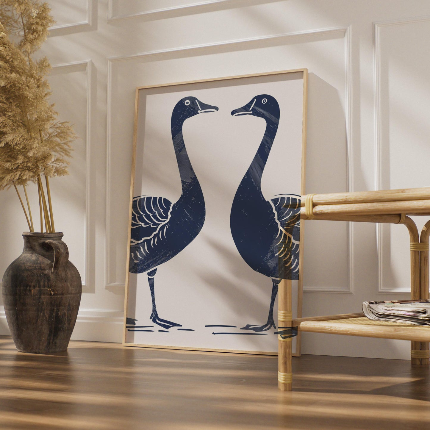 Goose Pair Poster, Navy Blue Bird Print, Minimalist Animal Wall Art, Linocut Style Geese wall art print