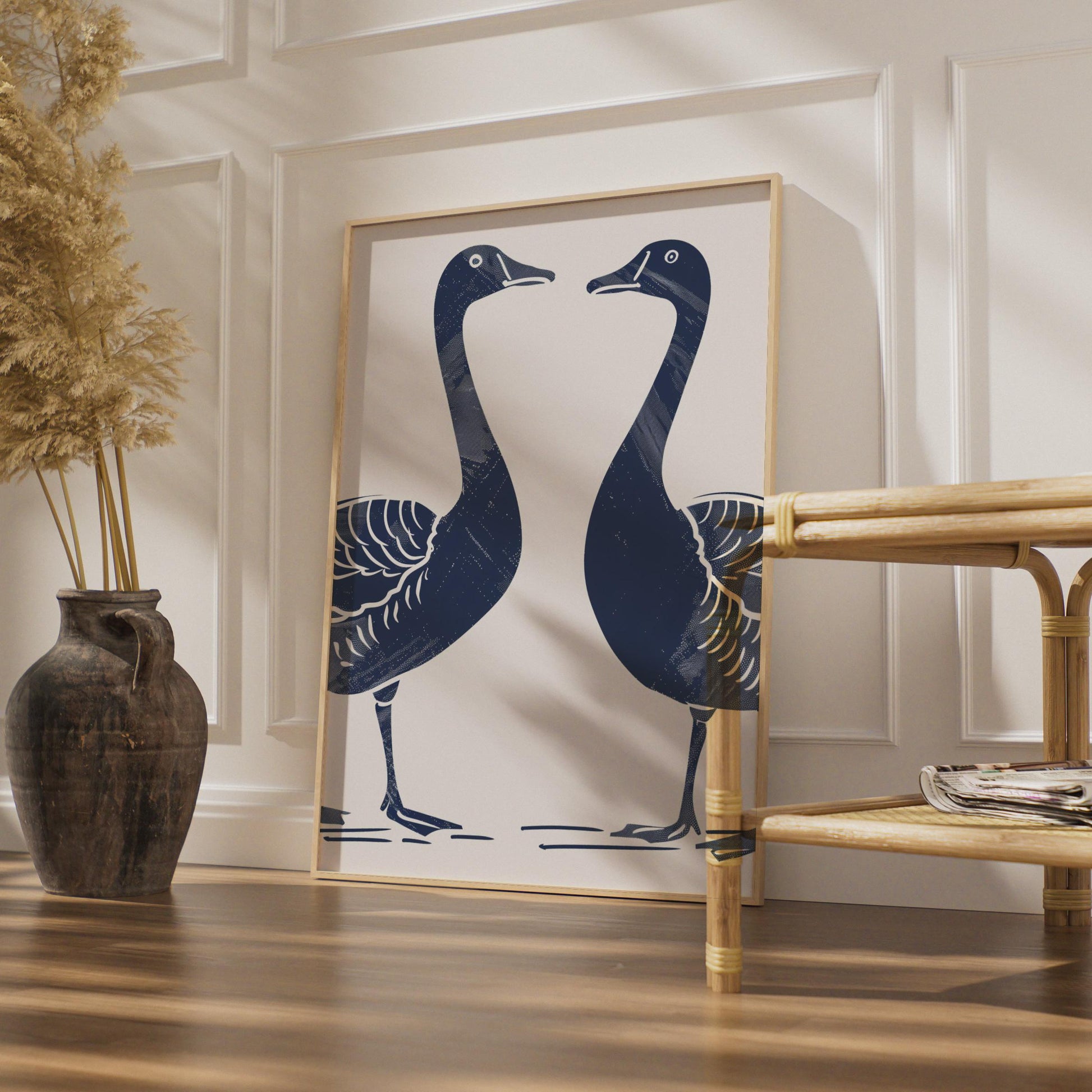 Goose Pair Poster, Navy Blue Bird Print, Minimalist Animal Wall Art, Linocut Style Geese wall art print