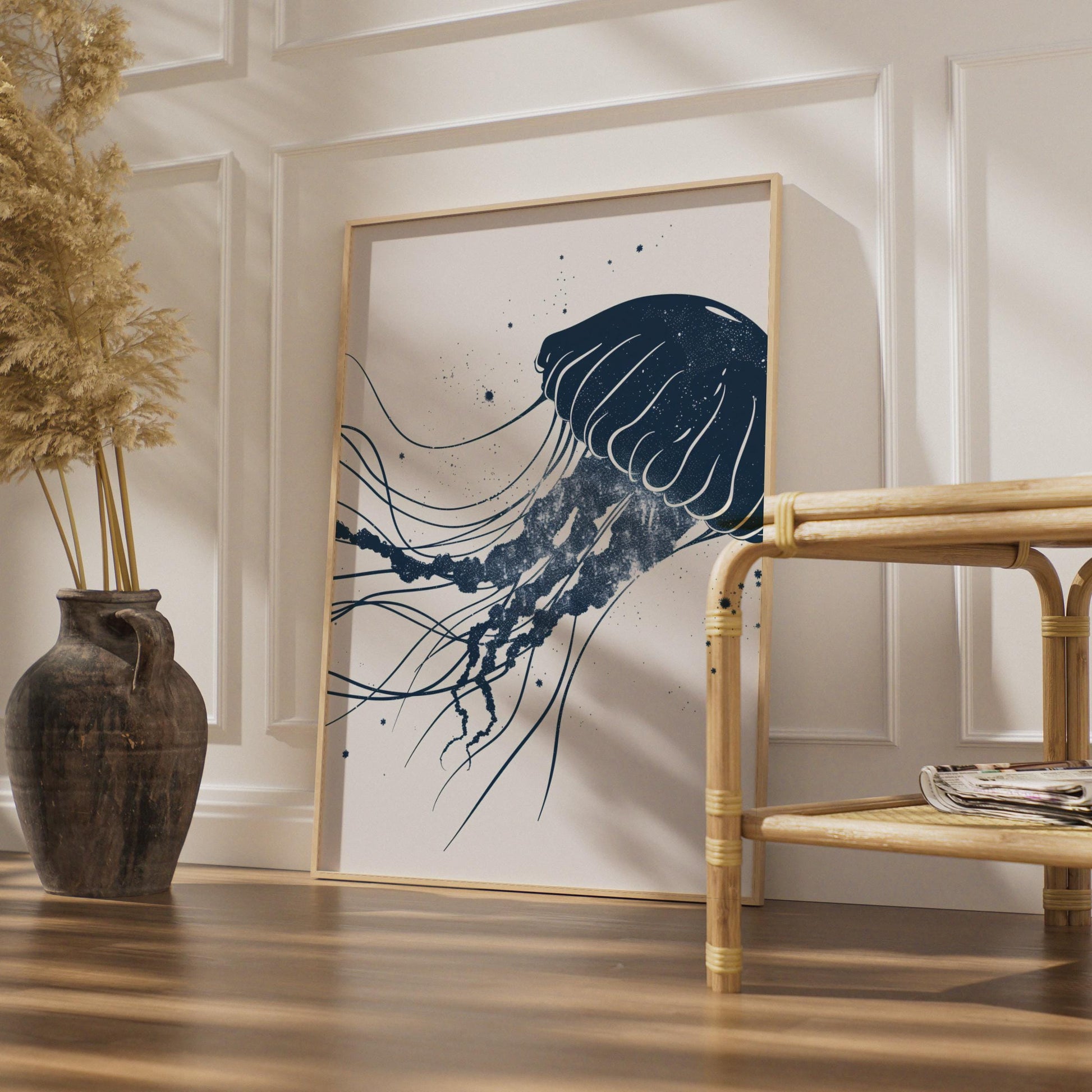 Jellyfish Poster, Navy Blue Ocean Animal Print, Minimalist Sea Wall Art, Coastal Decor wall art print
