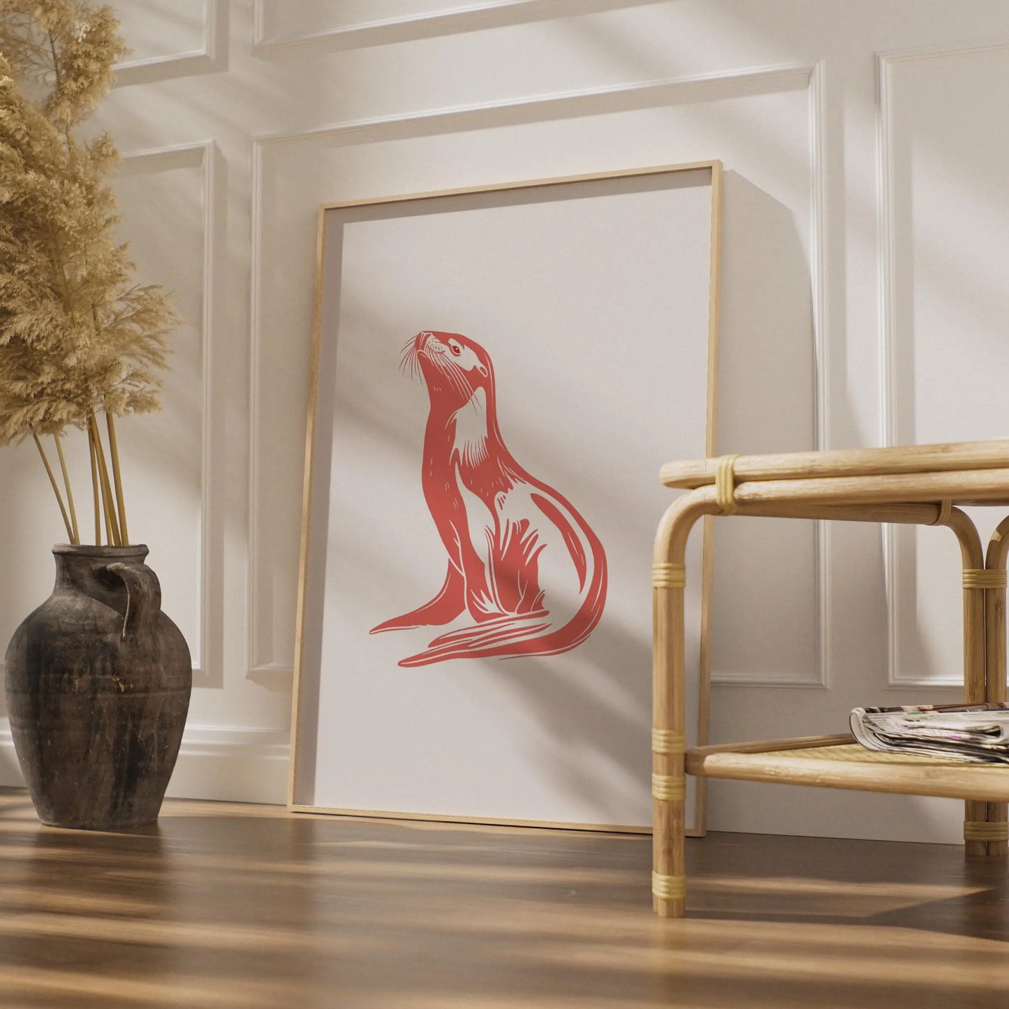 Otter Animal Poster, Coral Red Wildlife Print, Minimalist Otter Wall Art, Nature Decor wall art print
