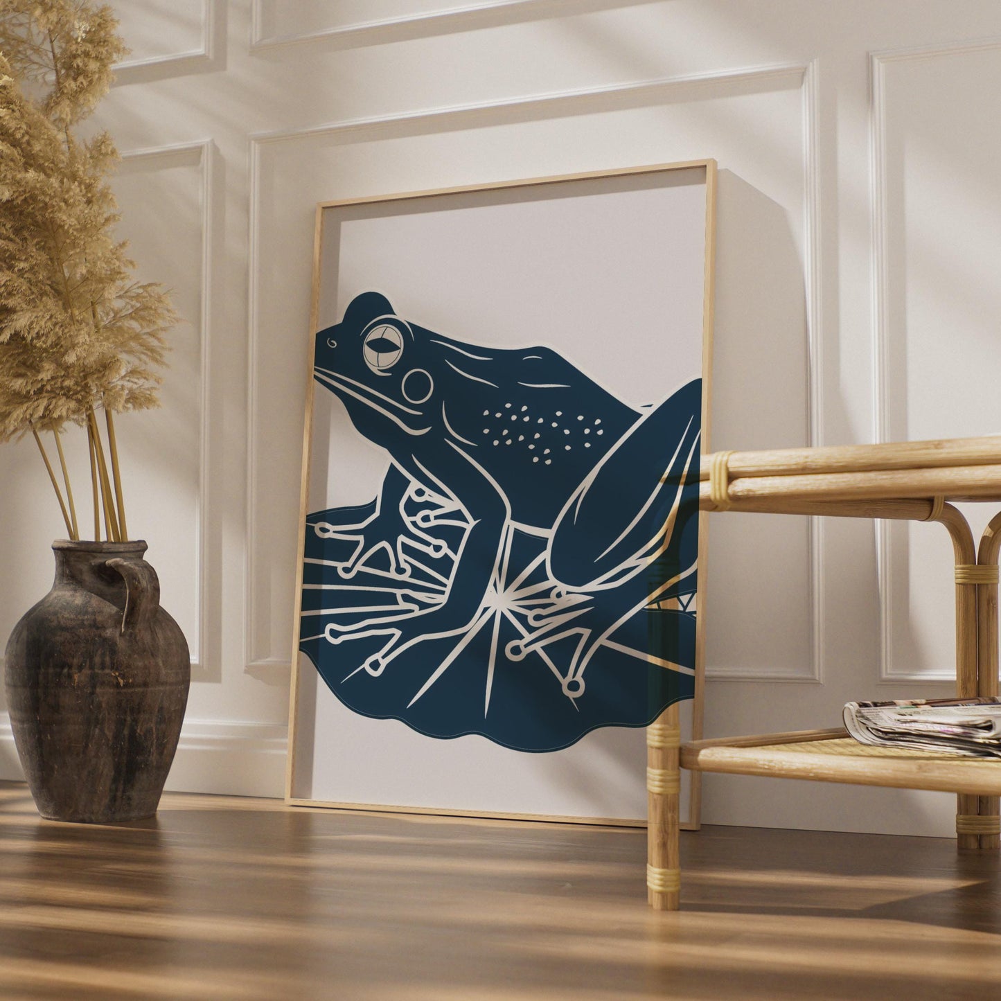 Frog on Lily Pad Poster, Navy Blue Minimalist Animal Print, Frog Wall Art Decor wall art print