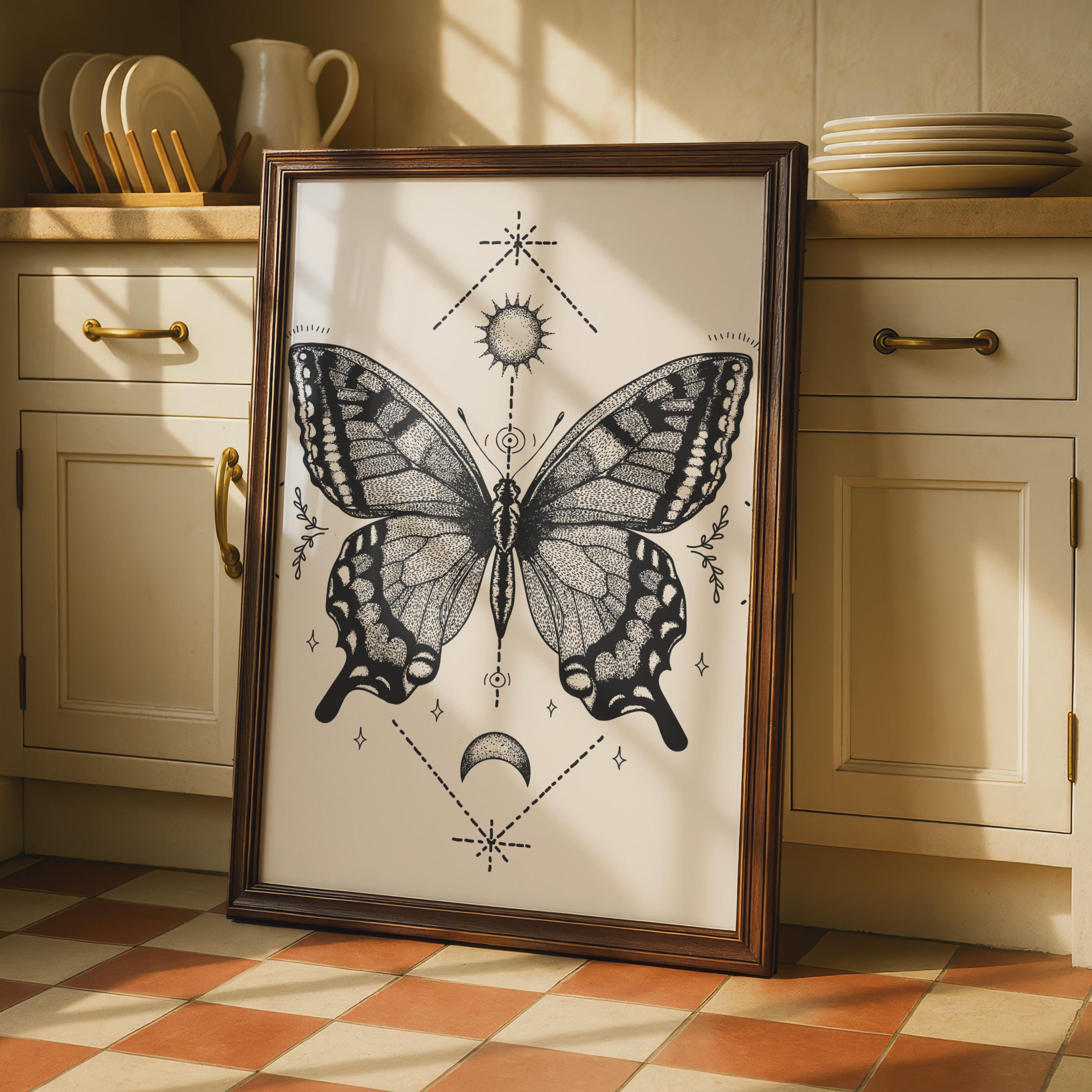 Vintage Butterfly Art Print, Intricate Black and White Butterfly Poster, Mystical Wall Decor wall art print