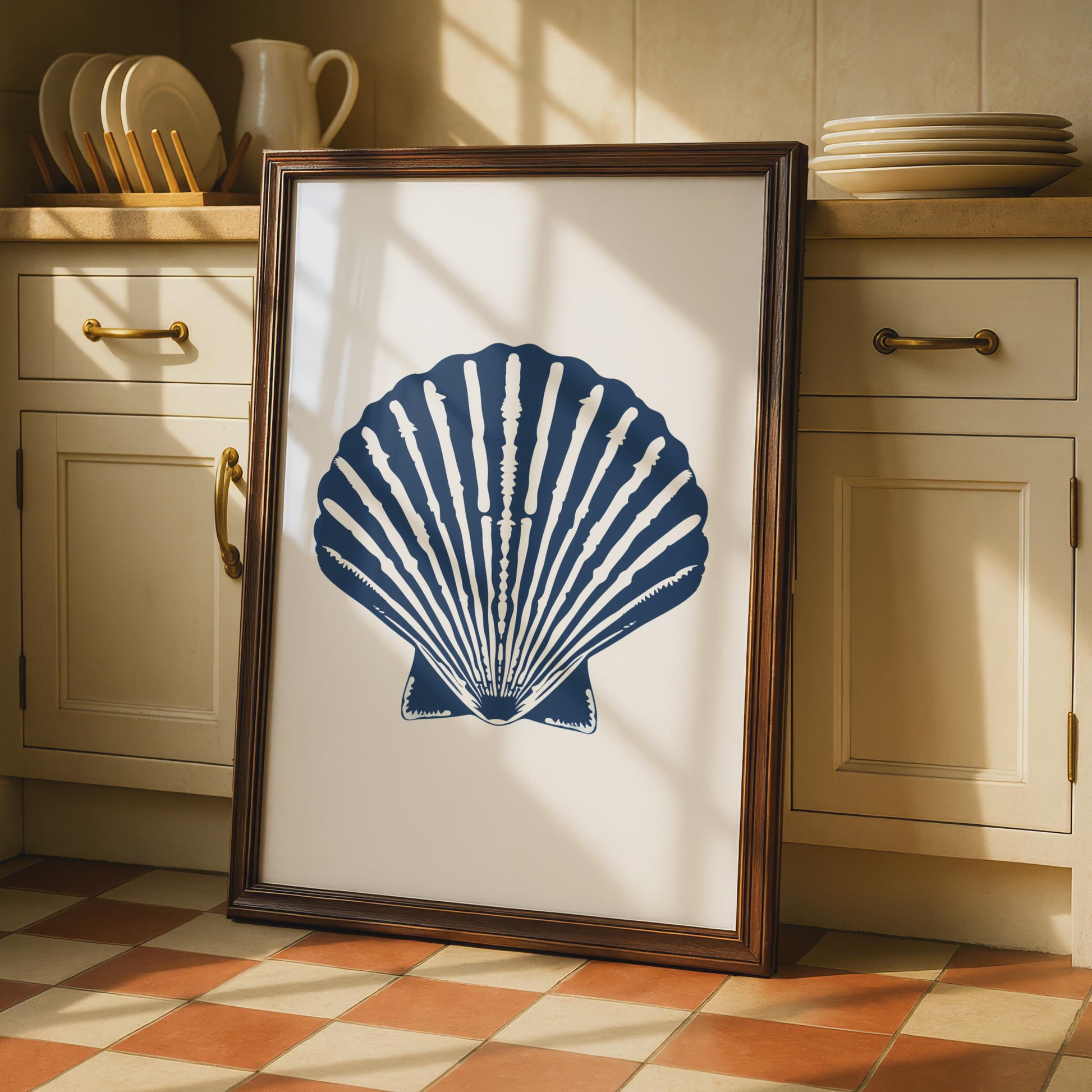 Scallop Shell Poster, Navy Blue Nautical Wall Art, Coastal Animal Print, Beach House Decor wall art print