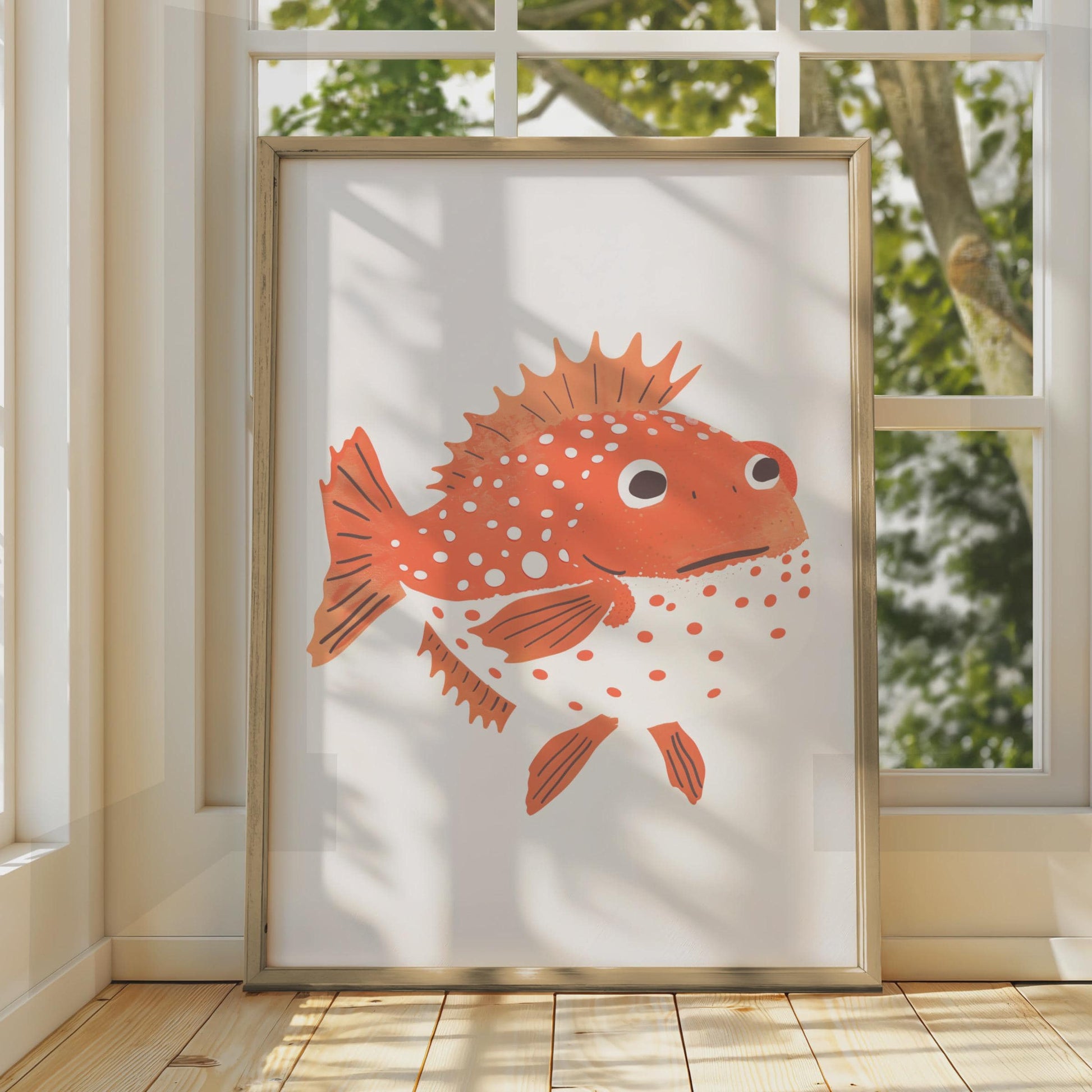 Spiky Orange Fish Print, Quirky Sea Creature Wall Art, Kids Room Decor wall art print
