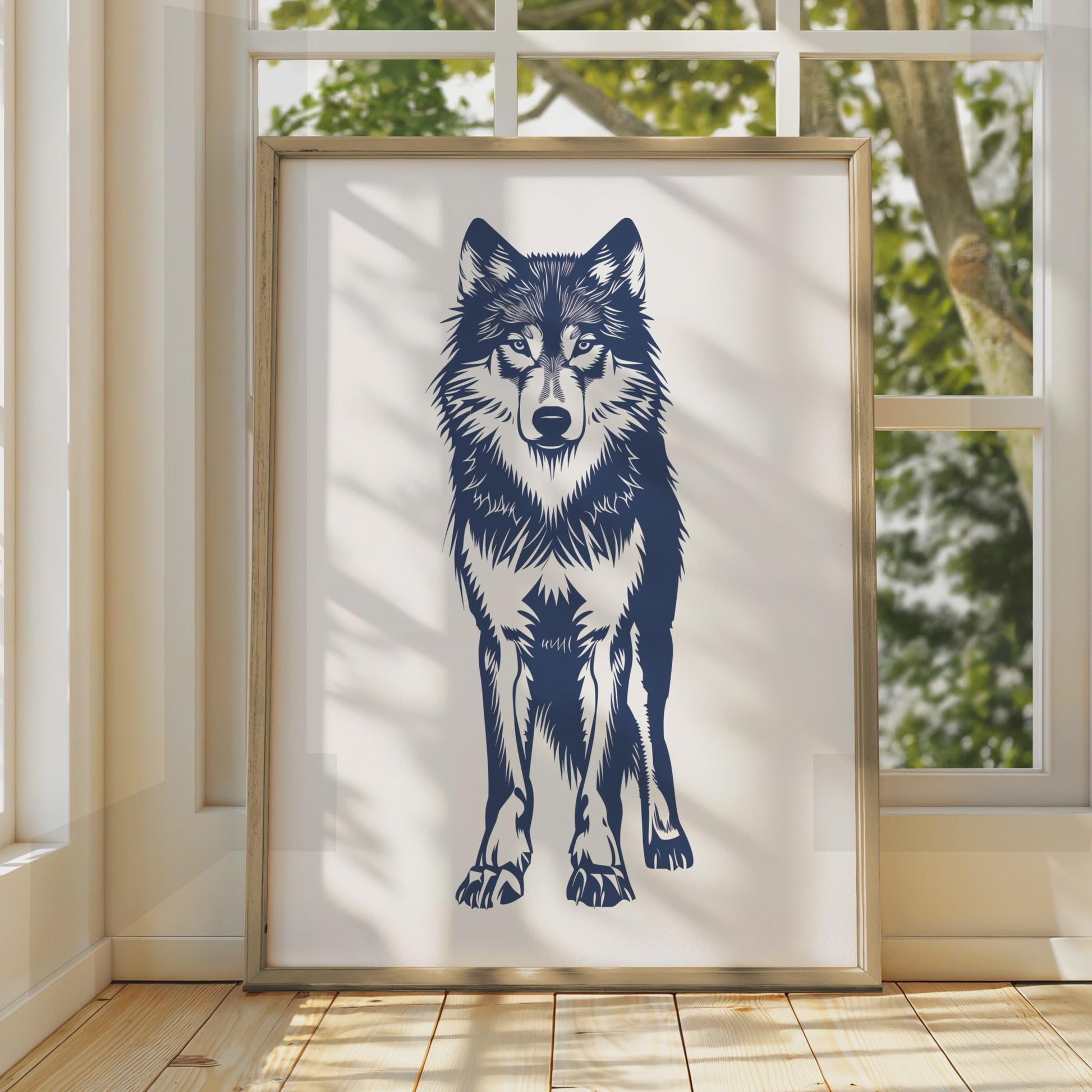 Navy Blue Wolf Print, Minimalist Wildlife Animal Wall Art wall art print