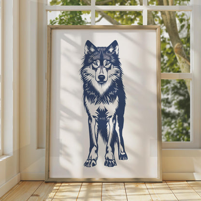 Navy Blue Wolf Print, Minimalist Wildlife Animal Wall Art wall art print