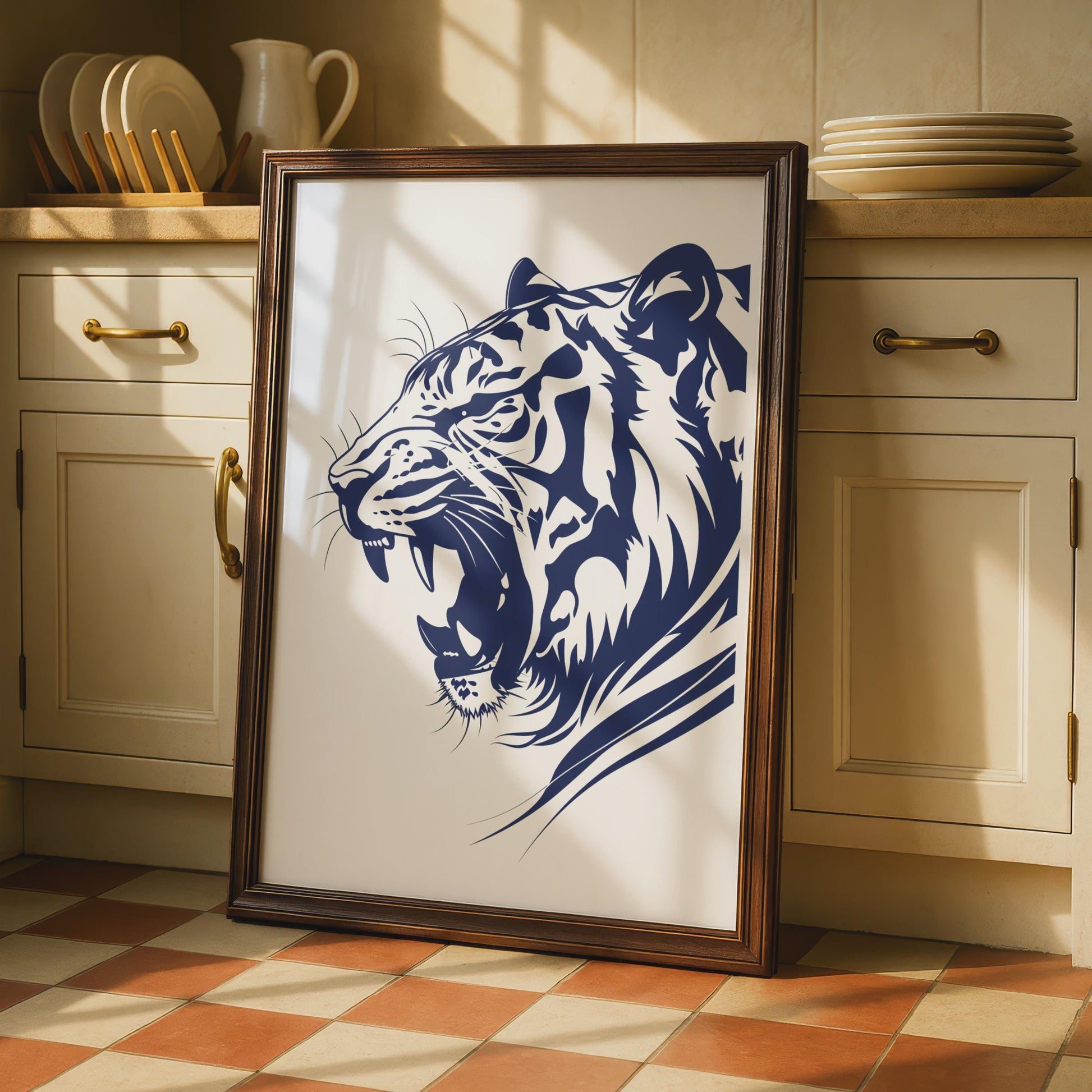 Roaring Tiger Poster, Navy Blue Animal Print, Bold Wildlife Wall Art, Big Cat Decor wall art print