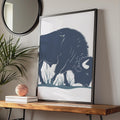 Bison Poster, Navy Blue Buffalo Wall Art, Grazing Bison Print, Wildlife Animal Decor wall art print