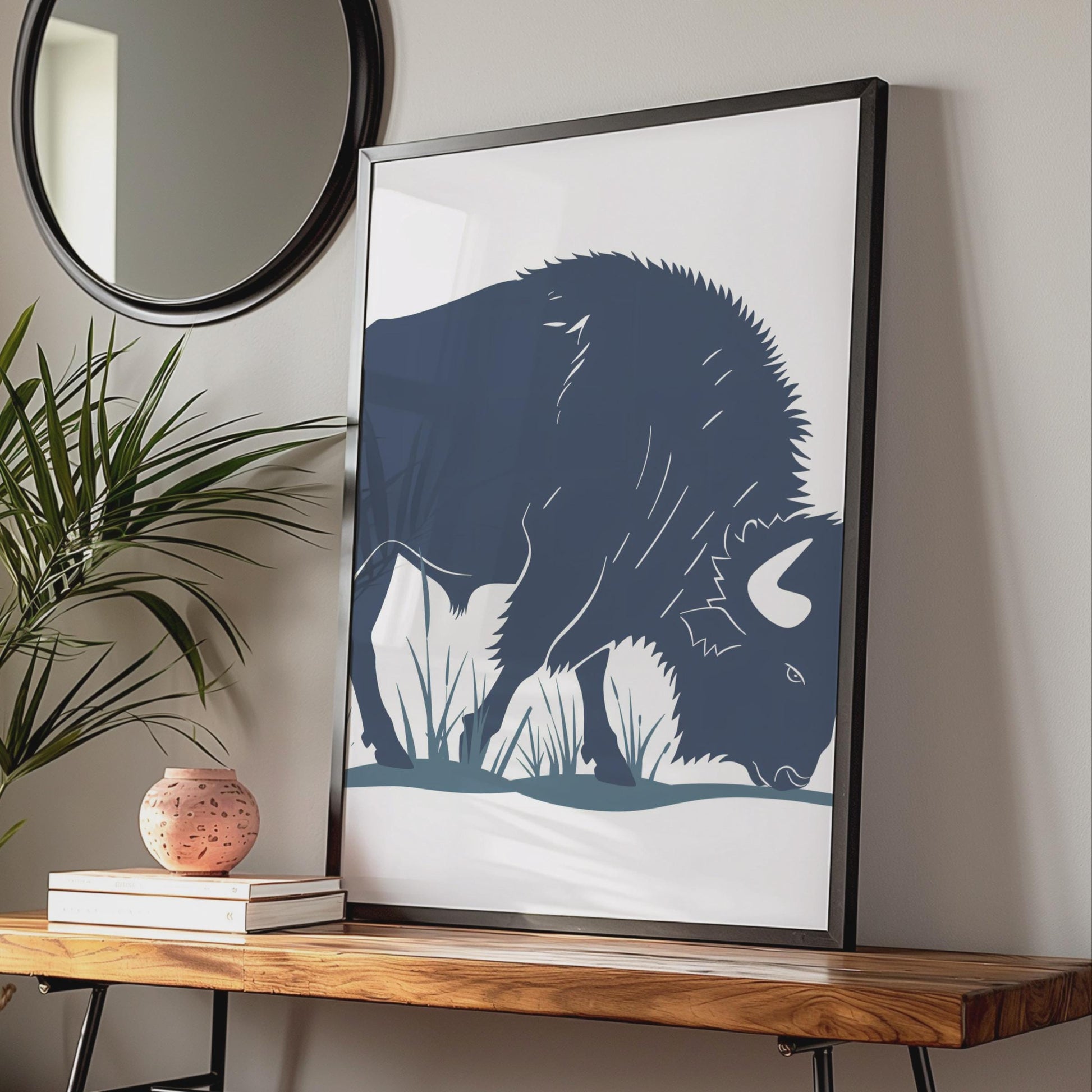Bison Poster, Navy Blue Buffalo Wall Art, Grazing Bison Print, Wildlife Animal Decor wall art print