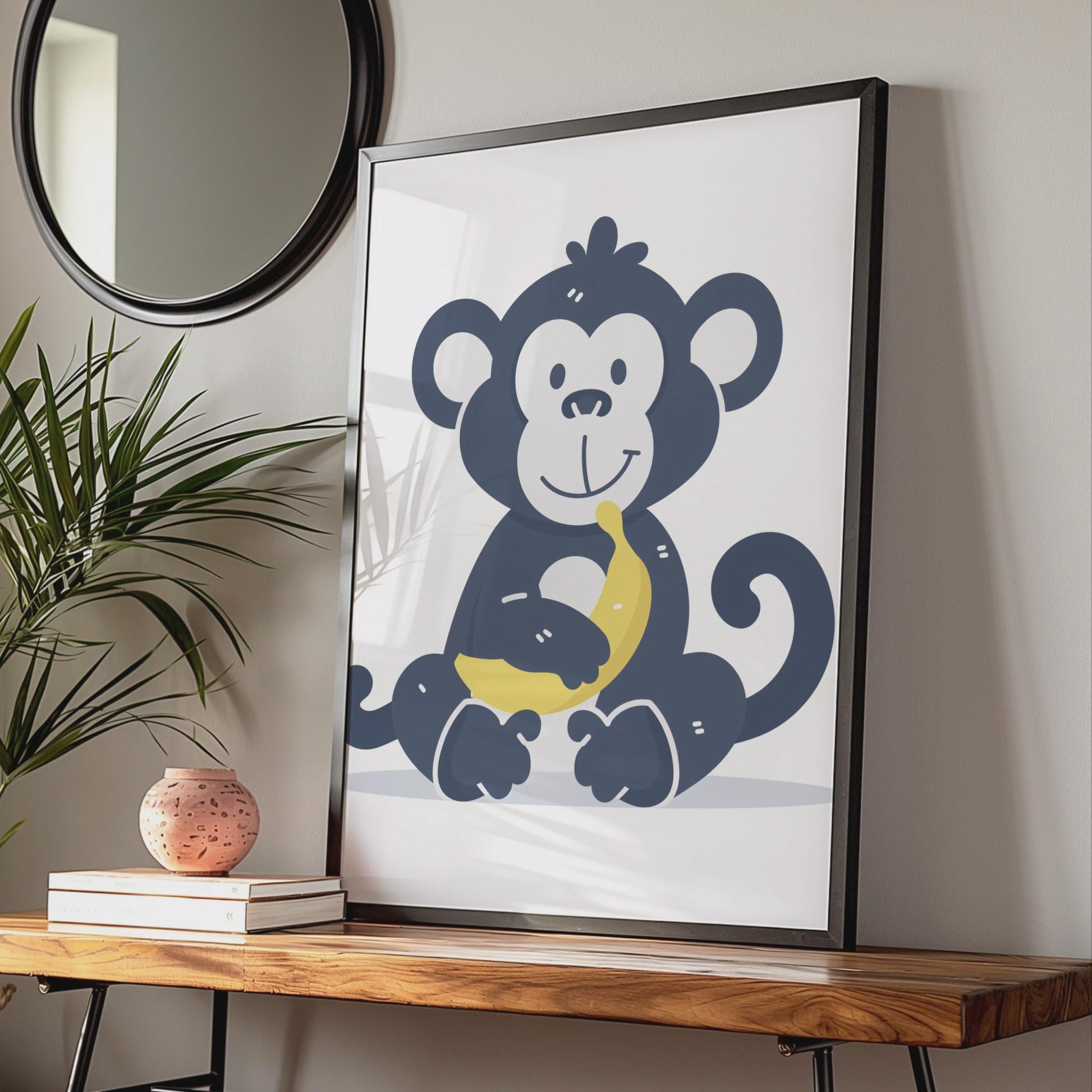 Cartoon Monkey Banana Print, Kids Animal Nursery Wall Art wall art print