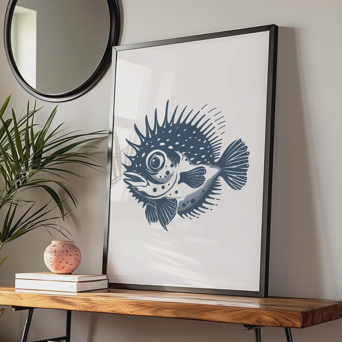 Puffer Fish Poster, Navy Blue Ocean Animal Print, Minimalist Sea Life Wall Art wall art print