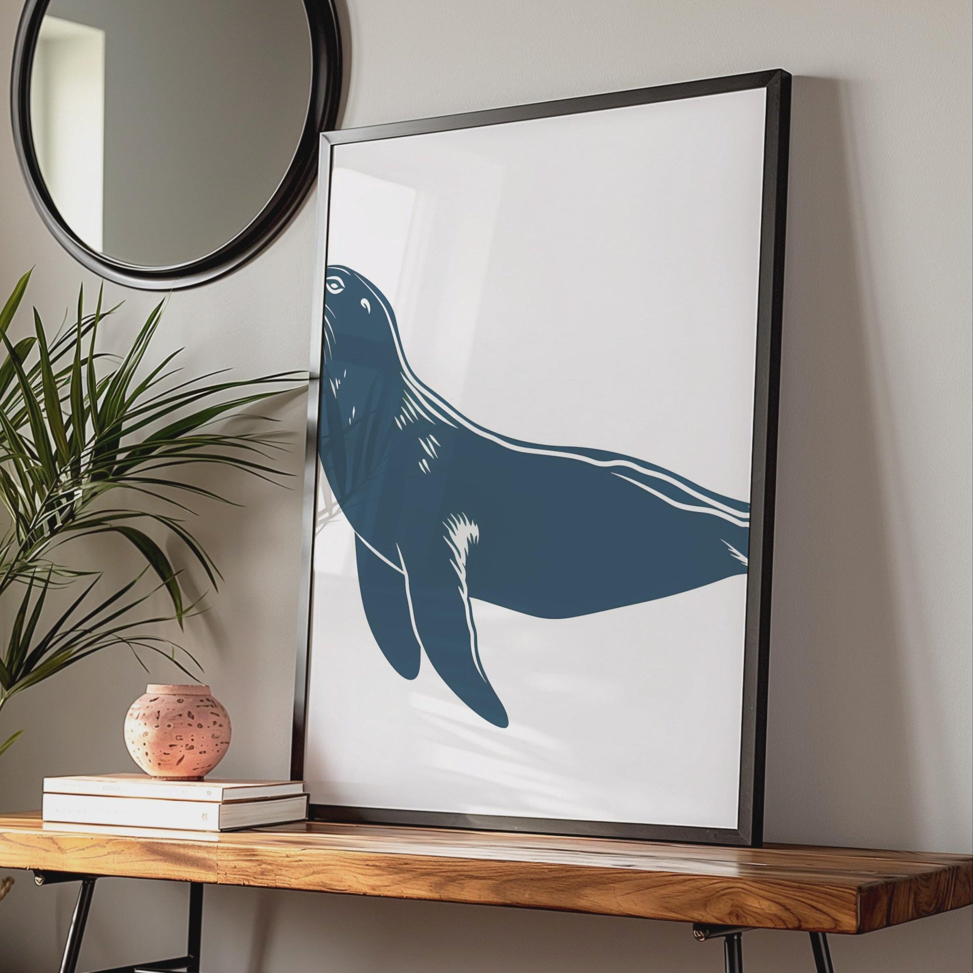 Sea Lion Poster, Navy Blue Animal Print, Minimalist Ocean Wall Art, Coastal Decor wall art print
