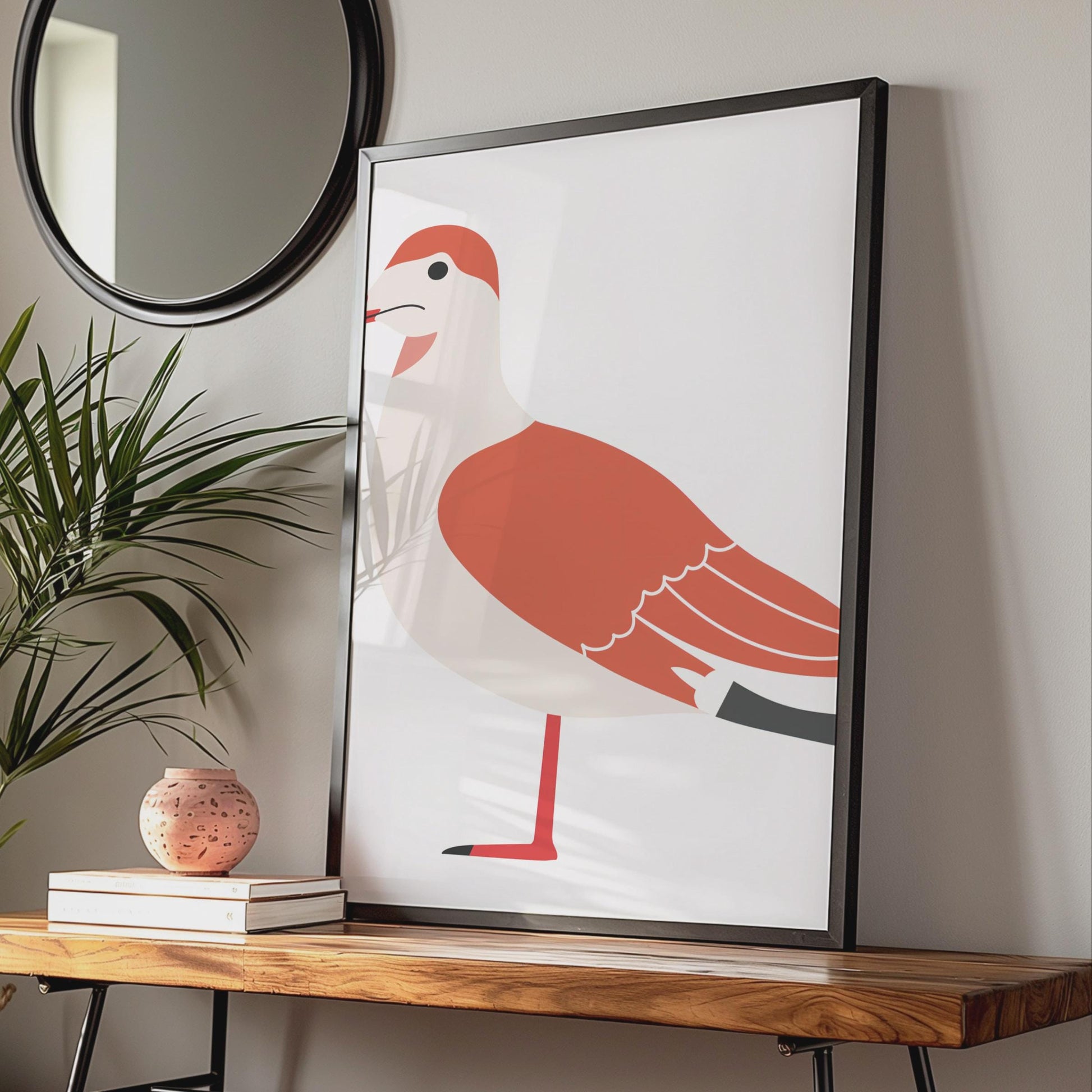 Minimalist Seagull Bird Print, Red White Coastal Wall Art, Modern Animal Illustration wall art print