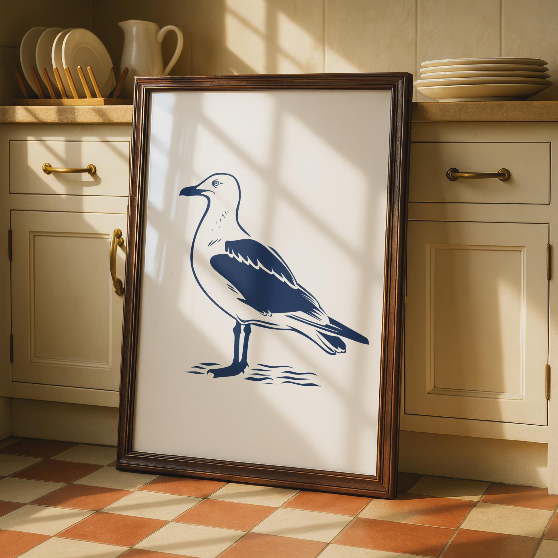 Seagull Poster, Navy Blue Bird Print, Coastal Wall Art, Minimalist Seabird Decor wall art print